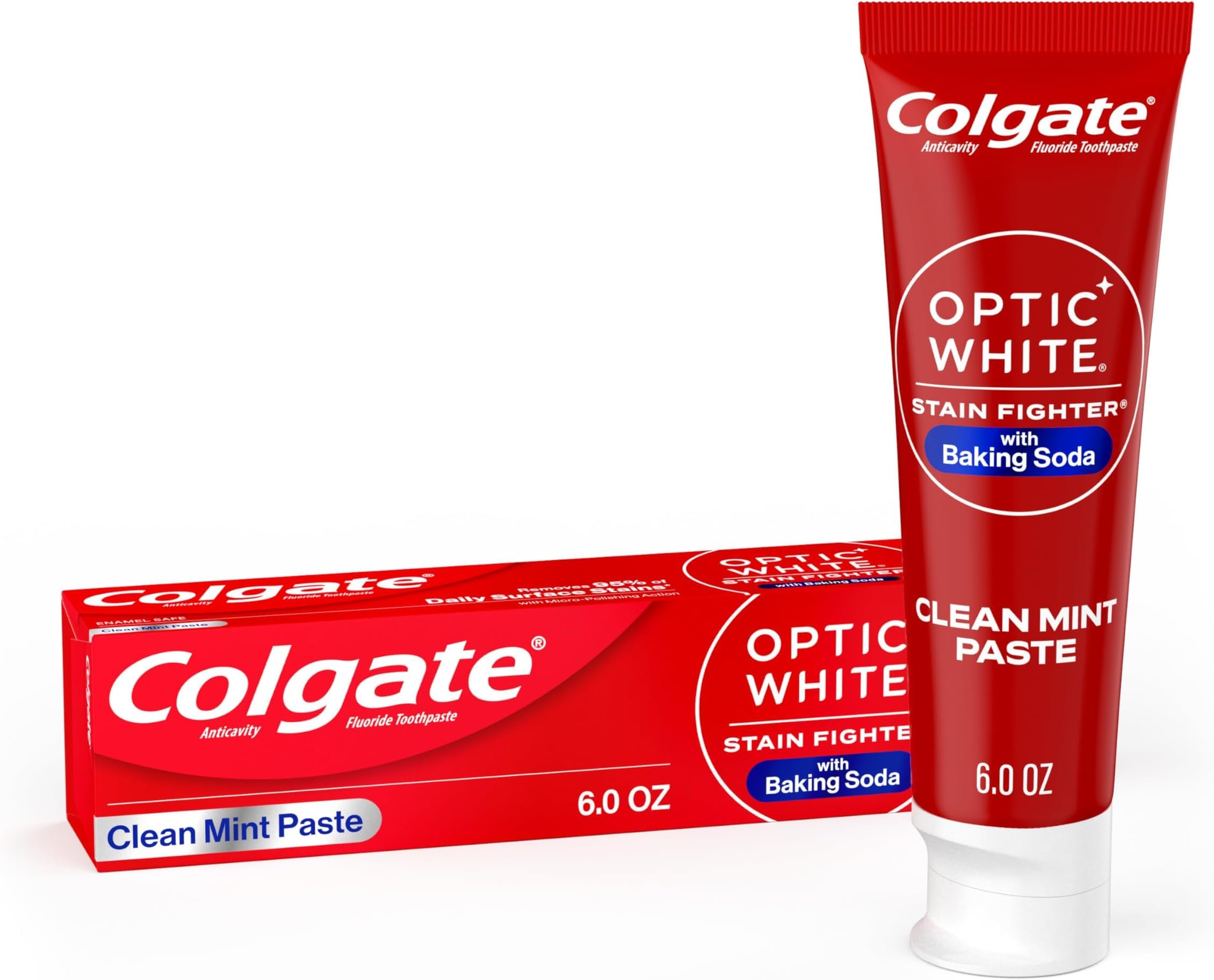 Colgate Optic White Stain Fighter with Baking Soda Whitening Toothpaste, Clean Mint Flavor, Removes Surface Stains, Enamel-Safe for Daily Use, Teeth Whitening Toothpaste with Fluoride, 6 Oz Tube