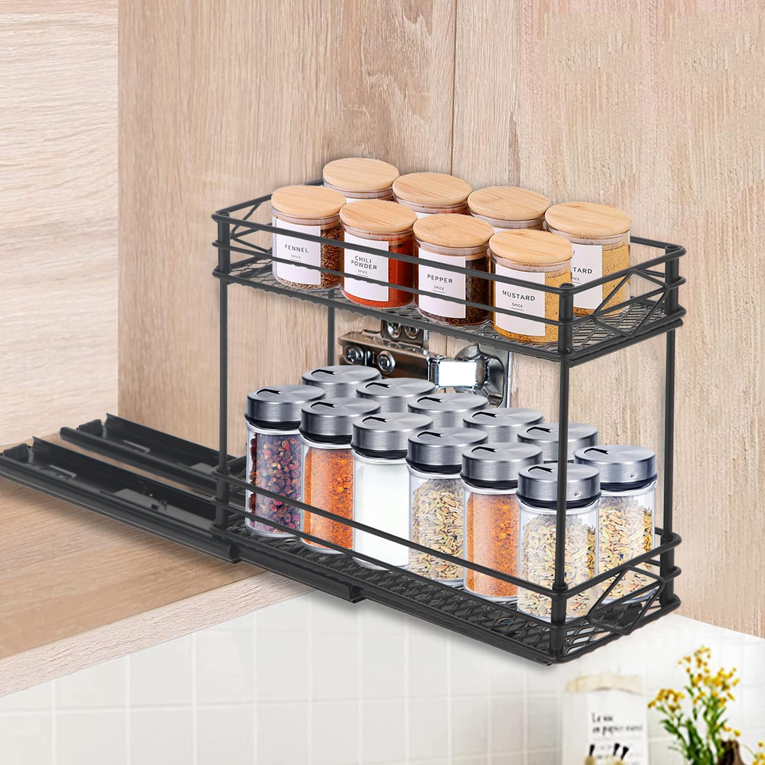 EasyVibe 2-Tier Pull Out Spice Rack for Cabinet, 10 cm (4 Inch) Wide Slide Out Spice Organizer, Duty Heavy Sliding Storage Organizer for Kitchen, Black