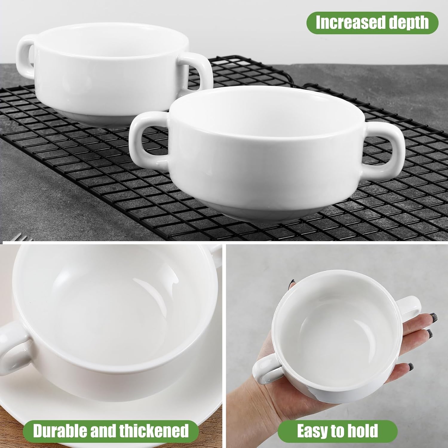 6 Pack 10oz Porcelain Bowls with Double Handles, Round Stackable Crocks for French Onion Soup, Cereal, Oatmeal, Oven & Microwave Safe(White)
