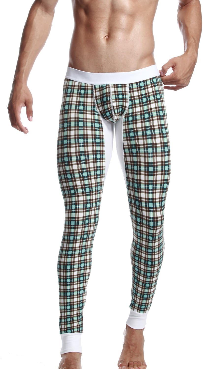 SEOBEAN Low Rise Mens Underwear Pants Long John Grid Cotton 2272