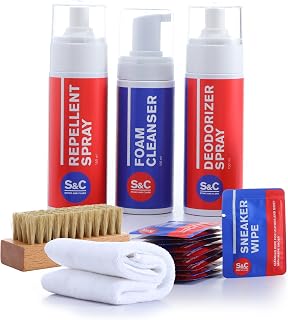 Premium Shoe Cleaning Kit - Shoe Cleaner Sneakers Kit w/Foam Cleaner, Shoe Protector Spray, Shoe Deodorizer Spray, Boar Bristle Brush, Towel, & Wipes - Suede, Nubuck, Sneaker Cleaning Kit