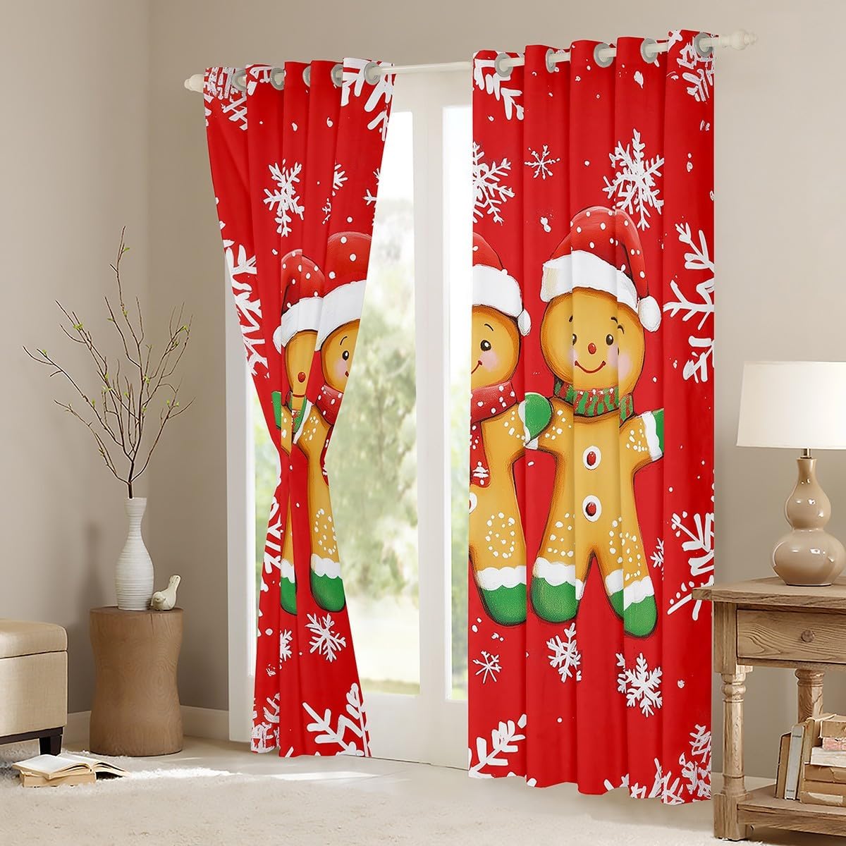 Feelyou Kids Christmas Gingerbread Man Window Curtains for Bedroom Living Room Merry Christmas Curtains Xmas Christmas Window Drapes Christmas Snowflake 30%-50% Blackout Curtains, 38W X 45L,2 Panels