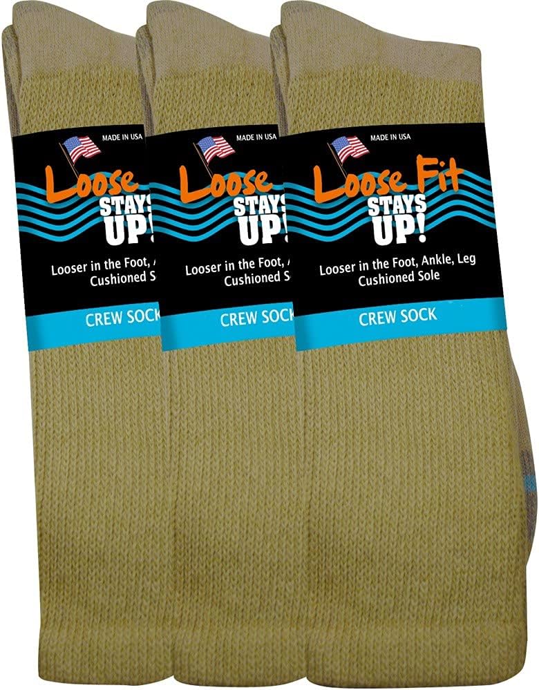 Loose Fit Stays Up Men's and Women's Casual Crew Socks (Pack of 3) Made in USA! Cushioned Sole