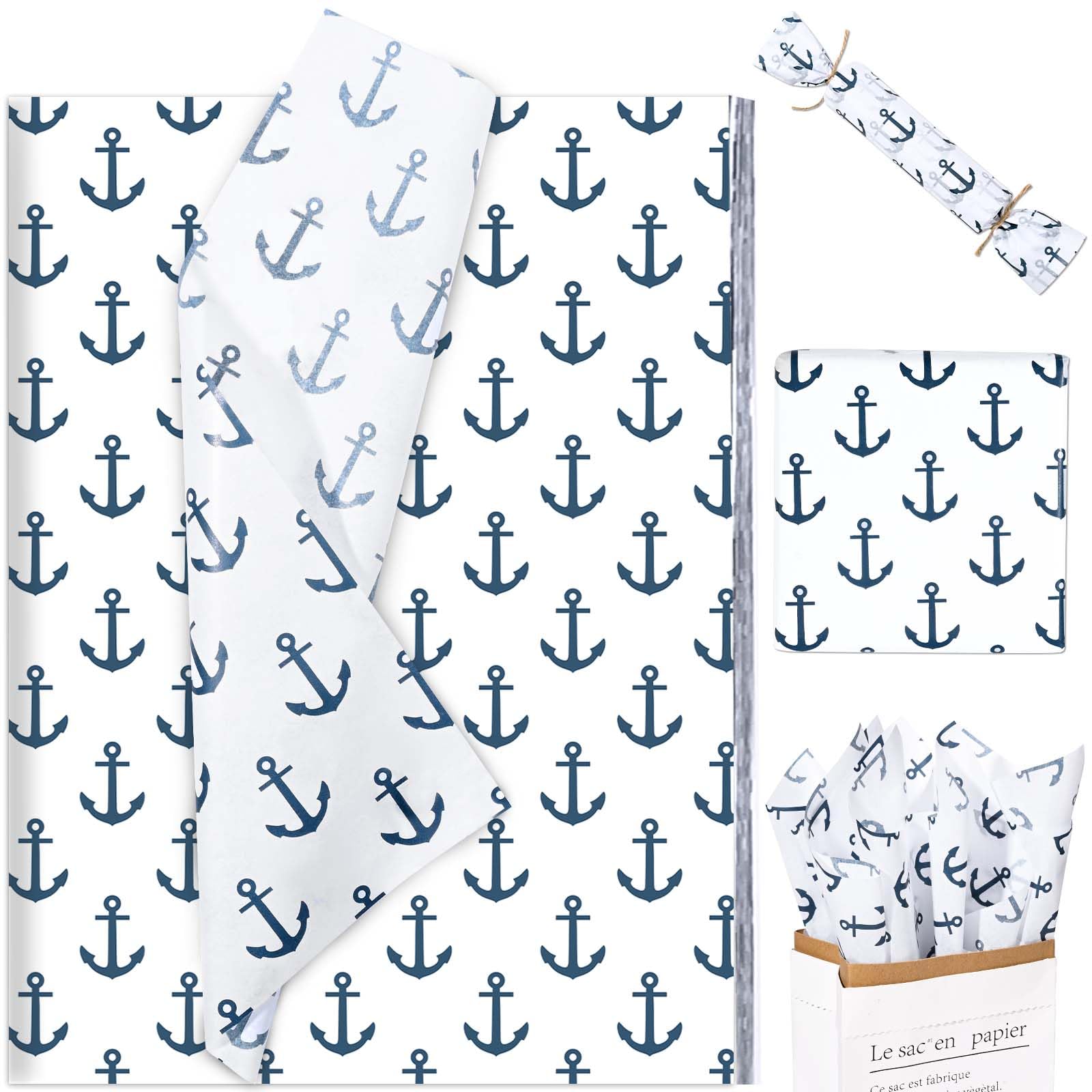 Photo 1 of 100Sheets Nautical Tissue Paper for Gift Wrapping Anchor Printed Tissue Paper for Gift Bags for Birthday Party Summer Holidays Baby Shower DIY Crafts, 20 × 14 Inches