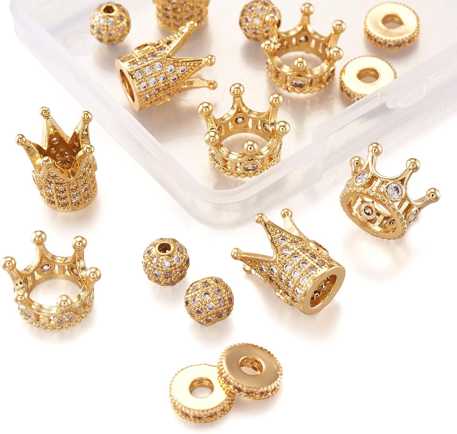 Craftdady 12pcs Gold Micro Pave Cubic Zirconia Crown Beads Clear Rhinestone CZ Stone Round Rondelle Spacer Charm Beads for Bracelet Necklace Jewelry Craft Making