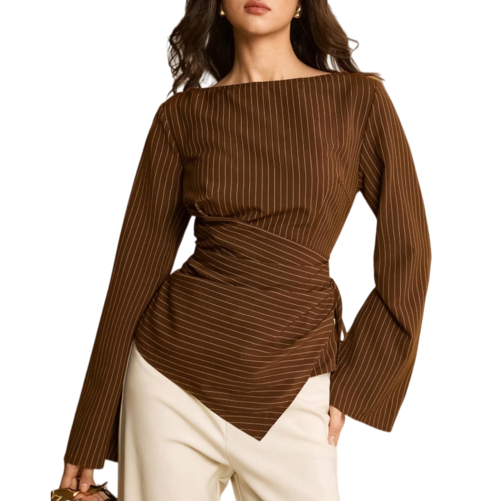 Blusas de mujer con escote barco manga trompeta y detalle anudado | Cuello barco cintura entallado dobladillo asimétrico enlace de ajuste lateral ajustable estilo casual de negocios para el día
