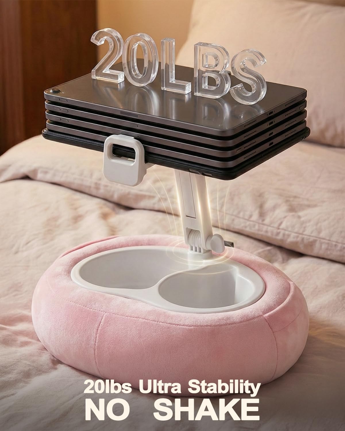 Almohada de soporte para tableta, compatible con teléfono/tableta de 5 a 12.9 pulgadas, iPad, iPhone, Kindle, soporte ajustable para tableta para cama, con cuenco desmontable de grado alimenticio y