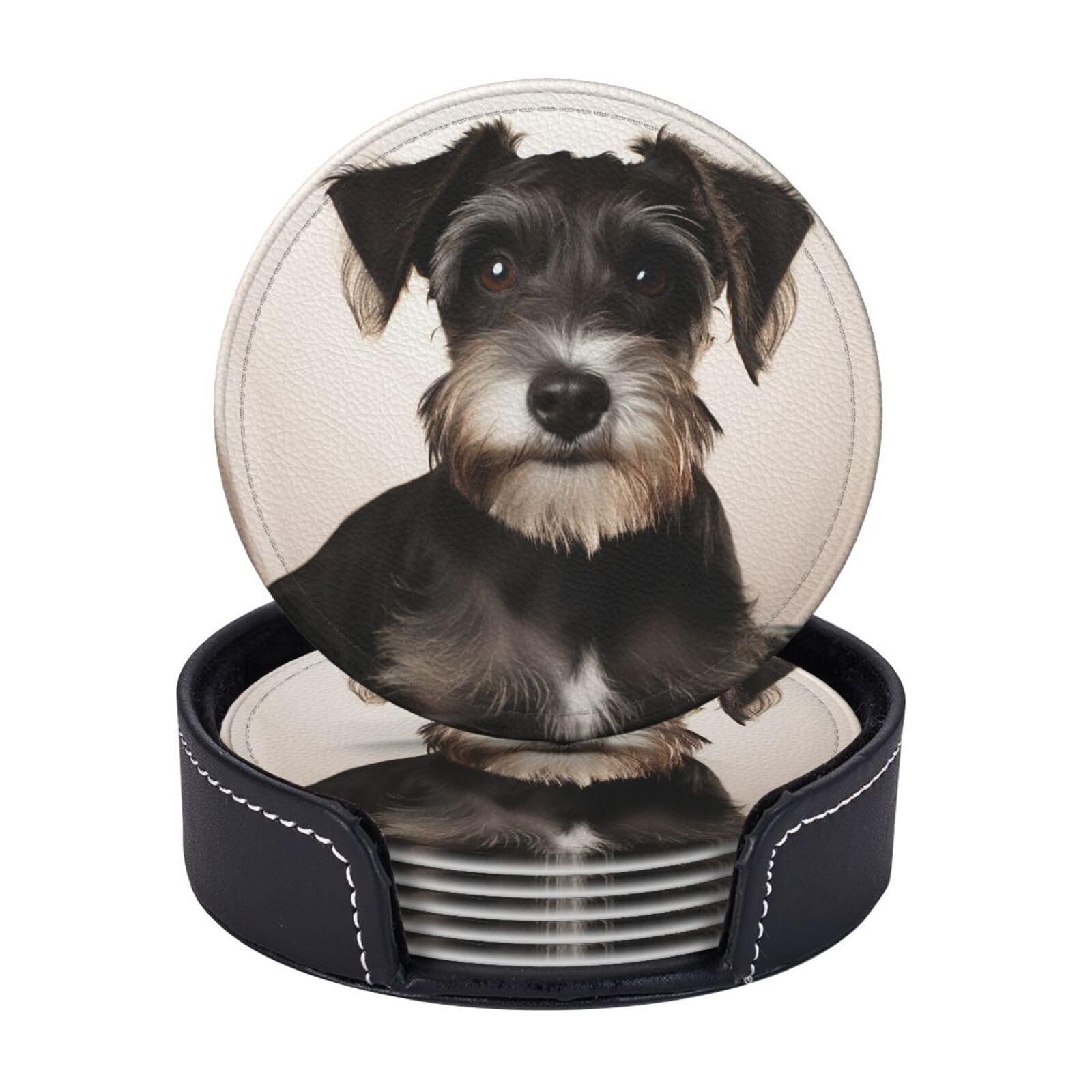 6Pcs PU Leather Coaster for Drinks, Cute Schnauzer Cup Coasters with Holder, Aesthetic Drink Coasters for Coffee Table, Round Coaster for Tabletop Protection 4" Cup Mat Pad