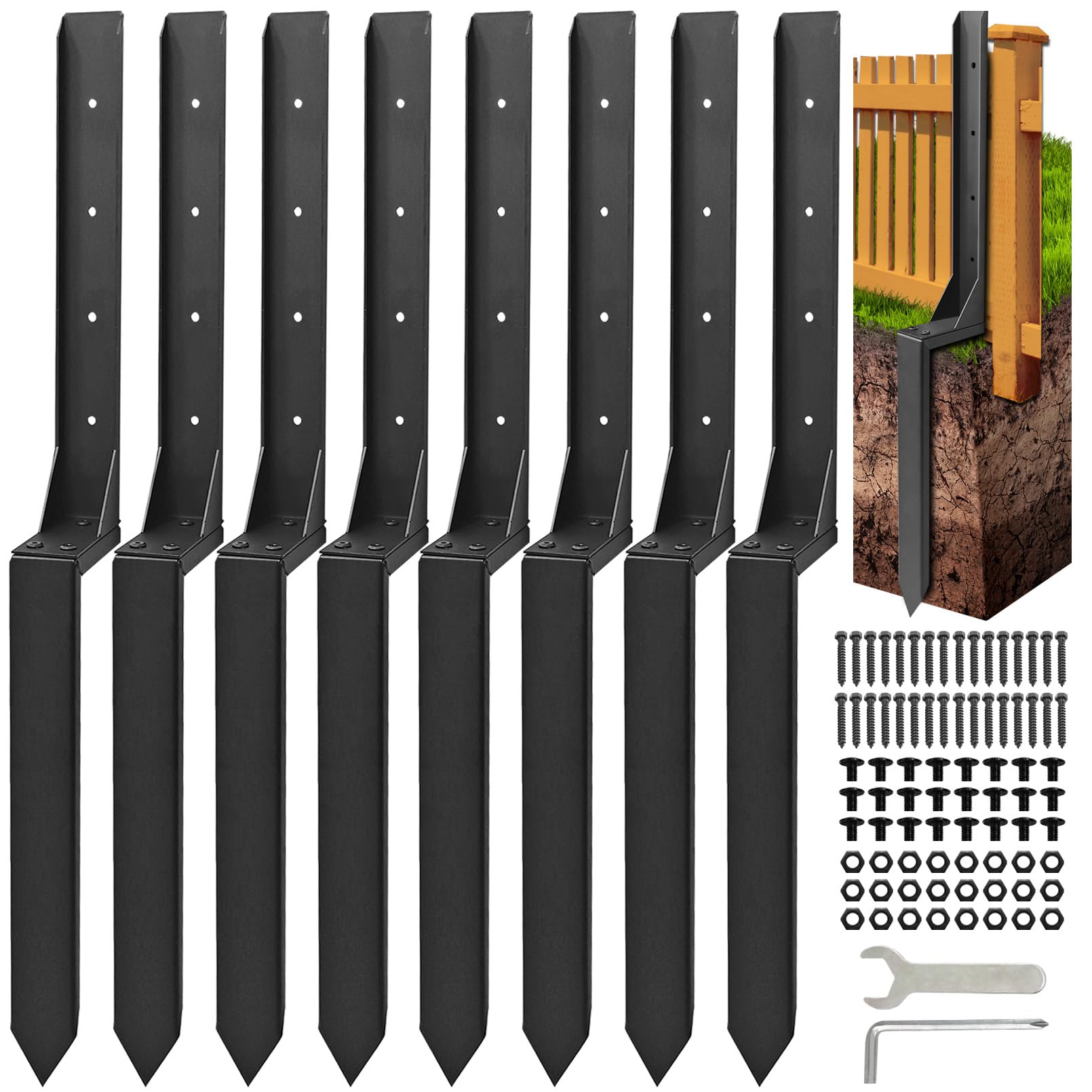 Fence Post Repair Kit, Thickened Heavy Duty Fence Post Anchor Stakes for Repair Tilted, Broken Wood Posts Support (Black, 8 Pack)