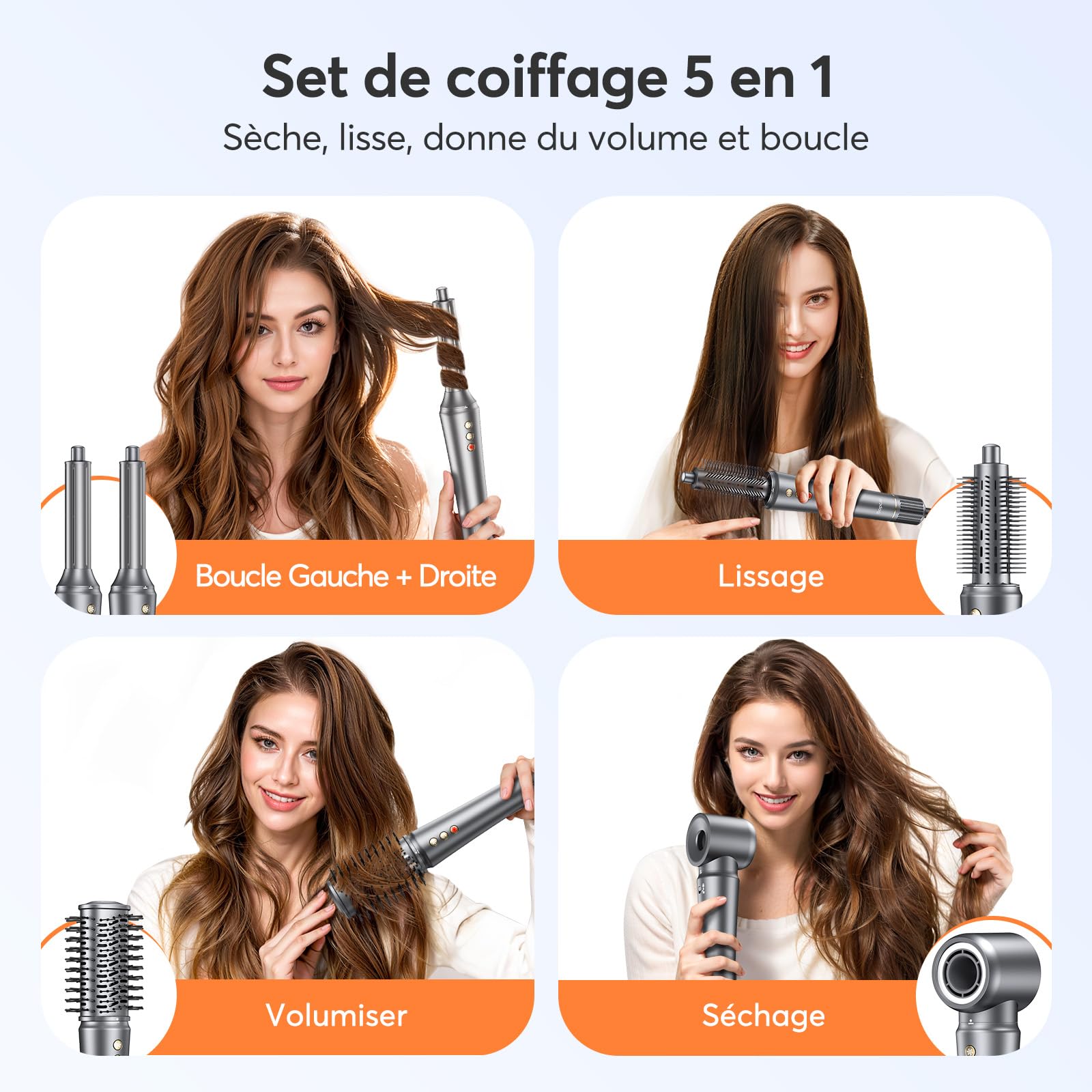 Bopcal Hair Styler 5 en 1, Seche Cheveux Professionnel 110000 RPM, Brosse Soufflant avec Ionique, Fers à Boucle Automatique pour les Boucles, le Volume et le Lissage
