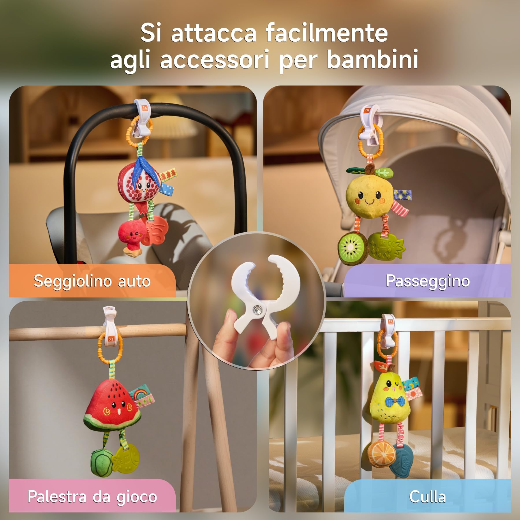 TUMAMA Giochi Sonaglio Per Neonato 0 3 4 6 9 12 Mesi, Gioco Montessori Sensoriali Per Neonati Passeggino Accessori Con Campana, Peluche Frutta Giocattoli Per Auto Culla Femmina Maschio Regalo (4pcs)