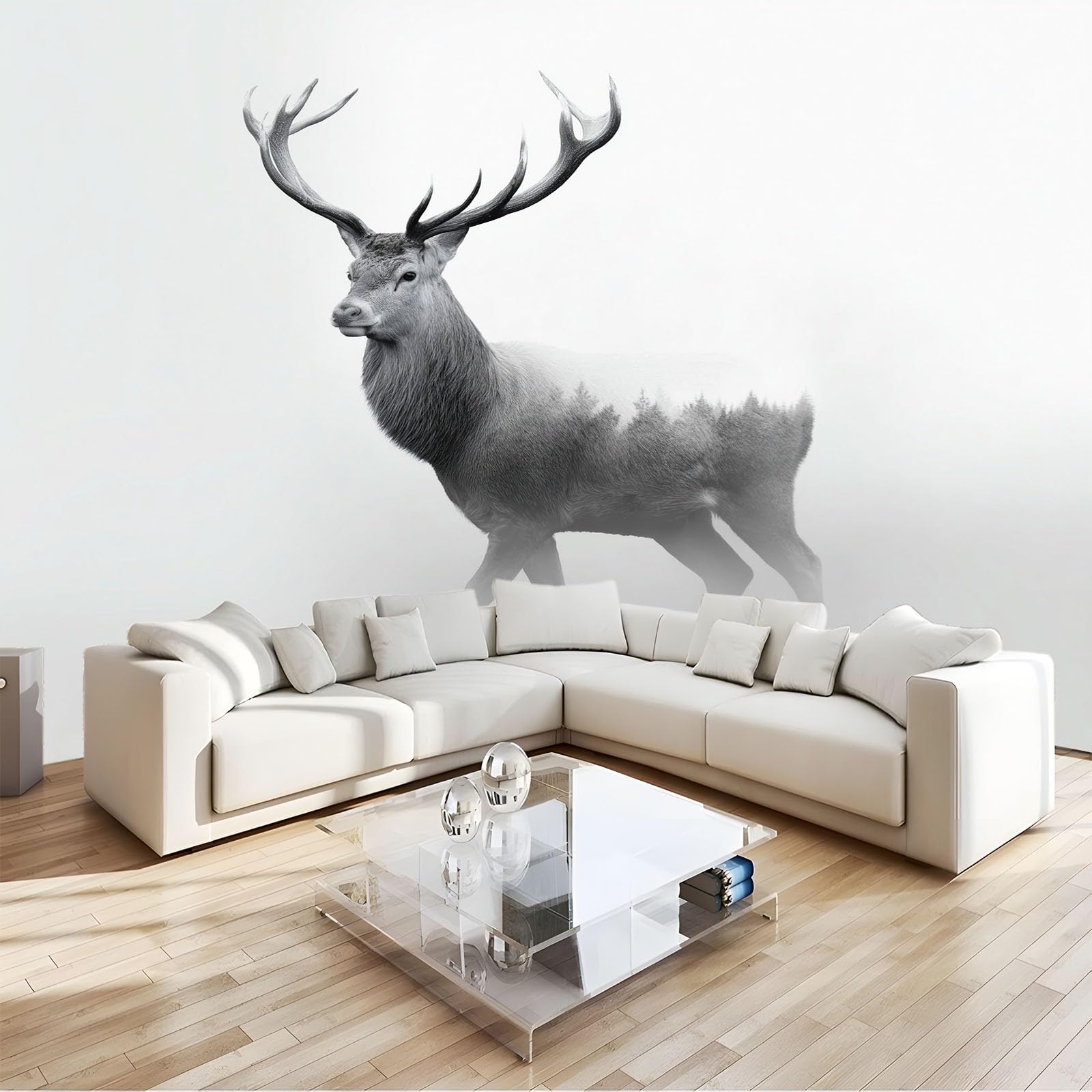 Panoramic Mural Wallpaper 250 x 175 cm - Non-Woven Print Fleece Realistic Animals Deer Wall Mural, Light Gray Photo Wallpaper for Living Room Kids Bedroom Sofa Backdrop Wall Decoration