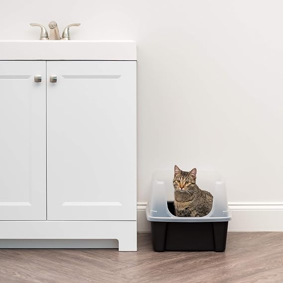 IRIS USA Large Open Top Cat Litter Box with High Sides, Scatter Shield & Scoop, Black - Easy Clean Plastic Litter Pan for Indoor Cats, Kittens or Multicat Homes