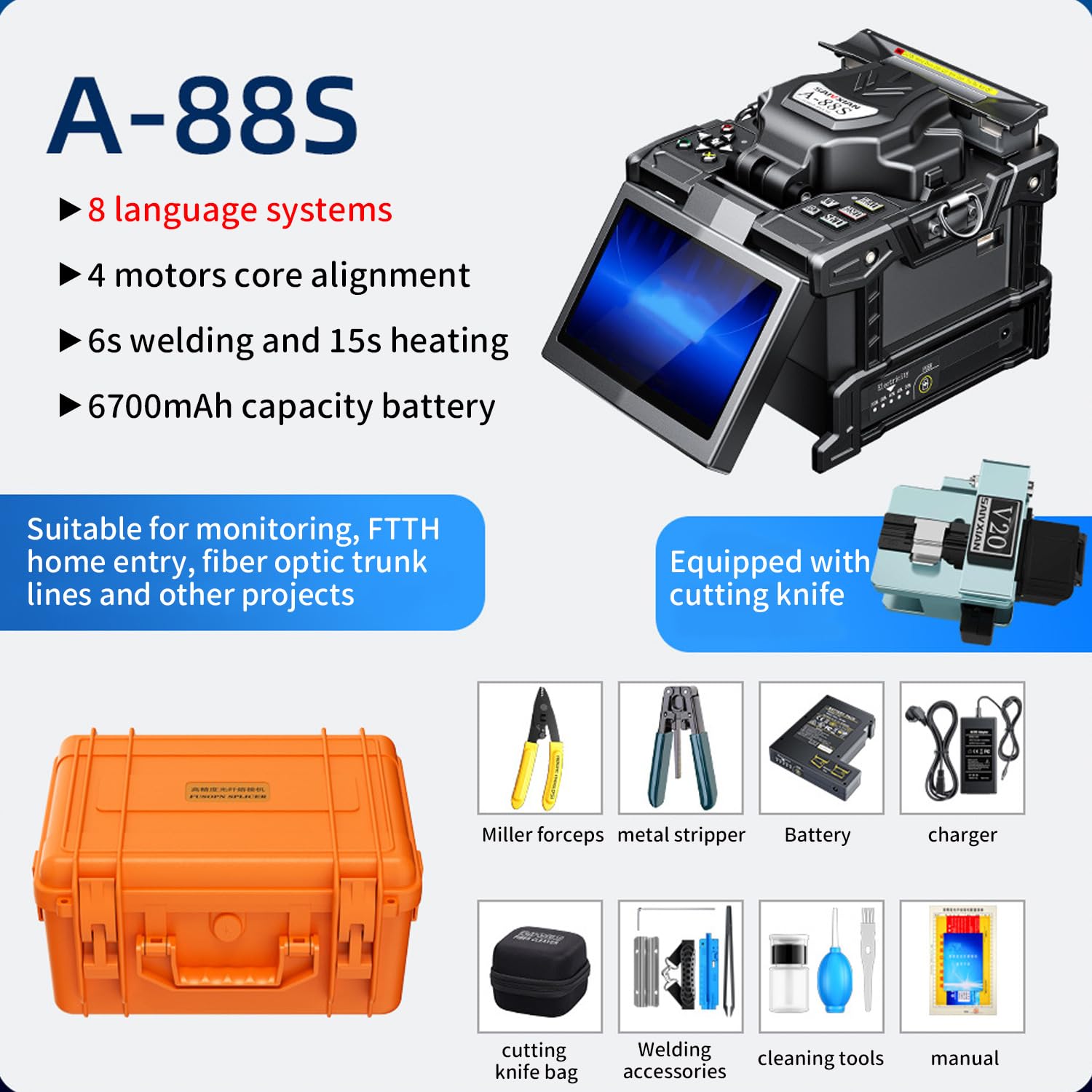 Glasfaser Spleißgerät - TAZZOR Spleißerät Kernausrichtung Autofokus 6 Sek. Spleißen 15 Sek Automatisches schnelles Spleißen und Heizung Kabel LWL Spleißerät Optical Fiber Splicing Fusion Splicer