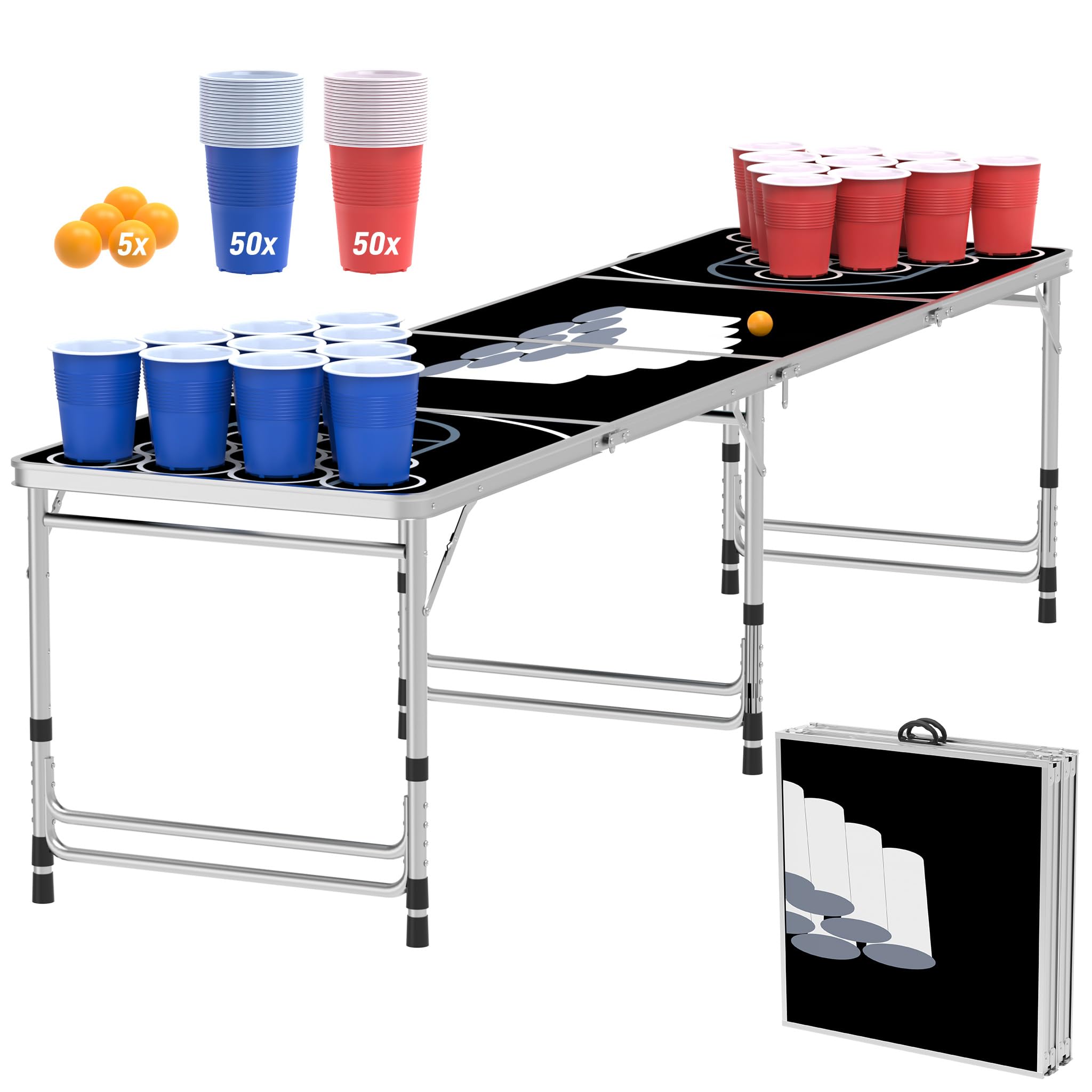 Beer Pong zestaw stołowy z 100 kubkami i 5 piłkami, składany, wodoodporny, stół audio do gier z piciem, gier imprezowych, gier rzucanych i klasycznej gry, czarny