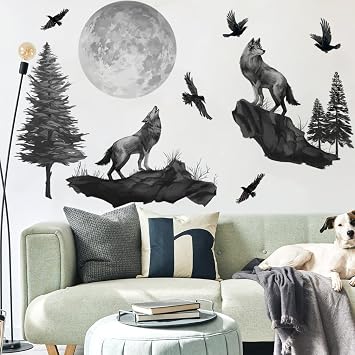Runtoo Wolf Moon Wall Decals Black Mountain Forest Animals Birds Wall Art Stickers for Nursery Bedroom Living Room