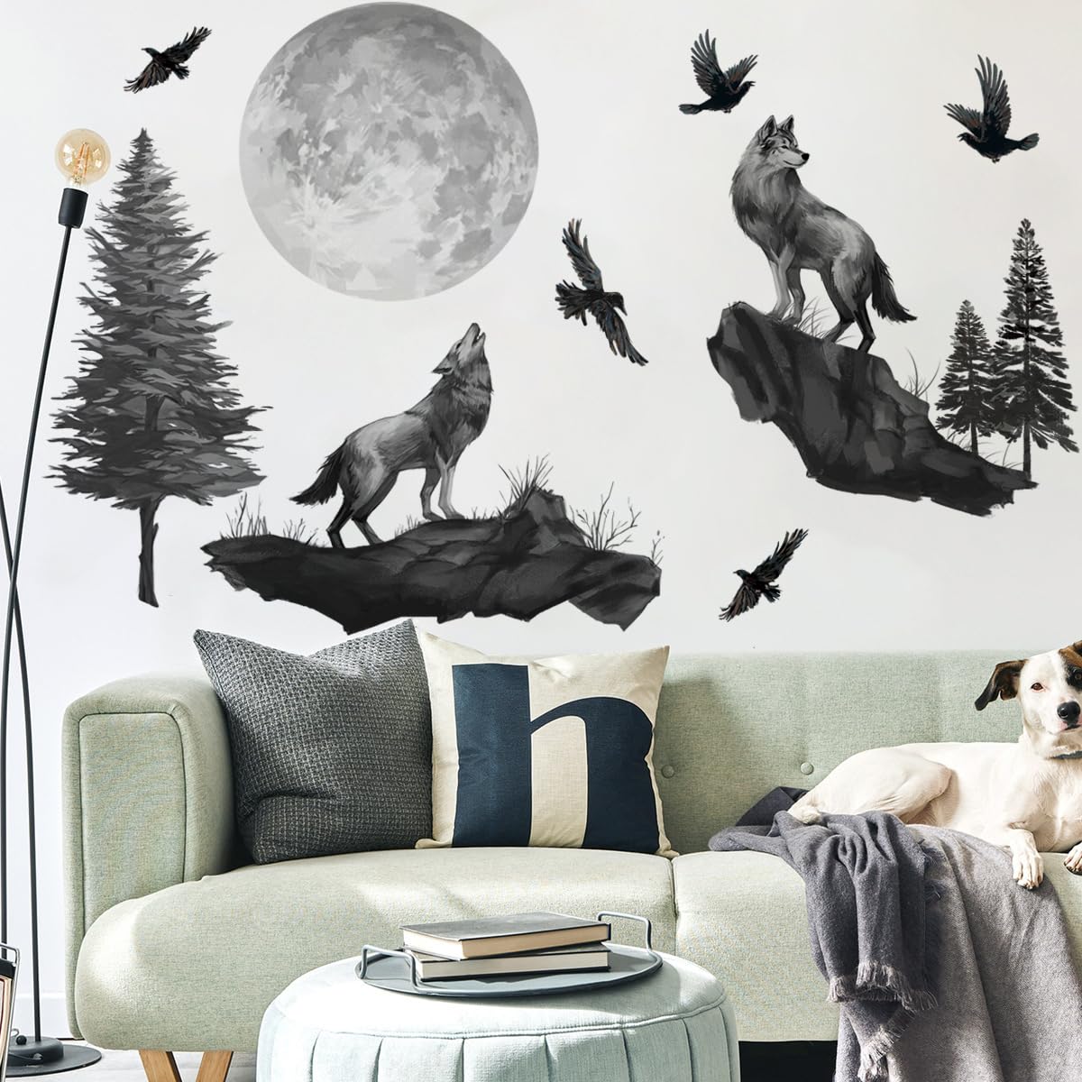 Runtoo Wolf Moon Wall Decals Black Mountain Forest Animals Birds Wall Art Stickers for Nursery Bedroom Living Room Decor