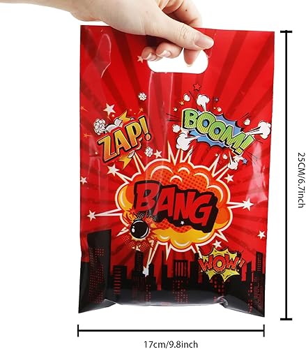 Miniatura 2 de 50 bolsas de regalo de héroe con temática de héroe de feliz cumpleaños, bolsas de regalo de héroe de acción de héroe, bolsas de regalo de plástico
