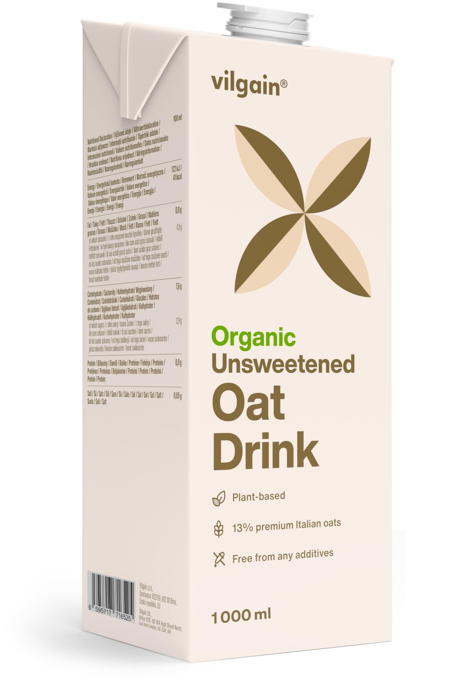 Vilgain Haferdrink BIO – Pflanzliches Getränk aus 13% italienischem Bio-Hafer, ohne Zusatzstoffe, vegan, laktosefrei, ideal für Cappuccino, Smoothies & Backen, 1000ml