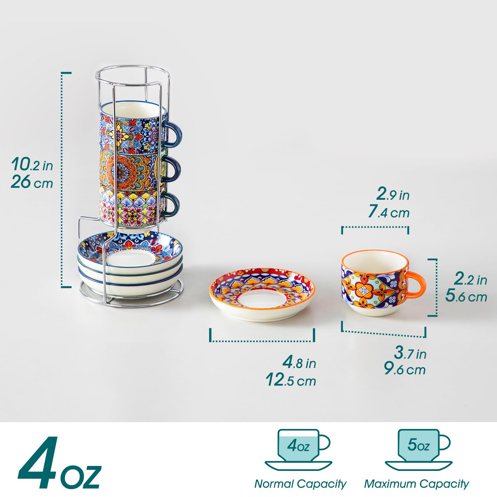 vancasso SIMI - Lot de 8 Tasses à Café avec Soucoupes (150ml) - Service à Café pour 4 Personnes - Porcelaine Résistante pour Expresso, Cappuccino - Design Bohème - Lavable au Micro-ondes
