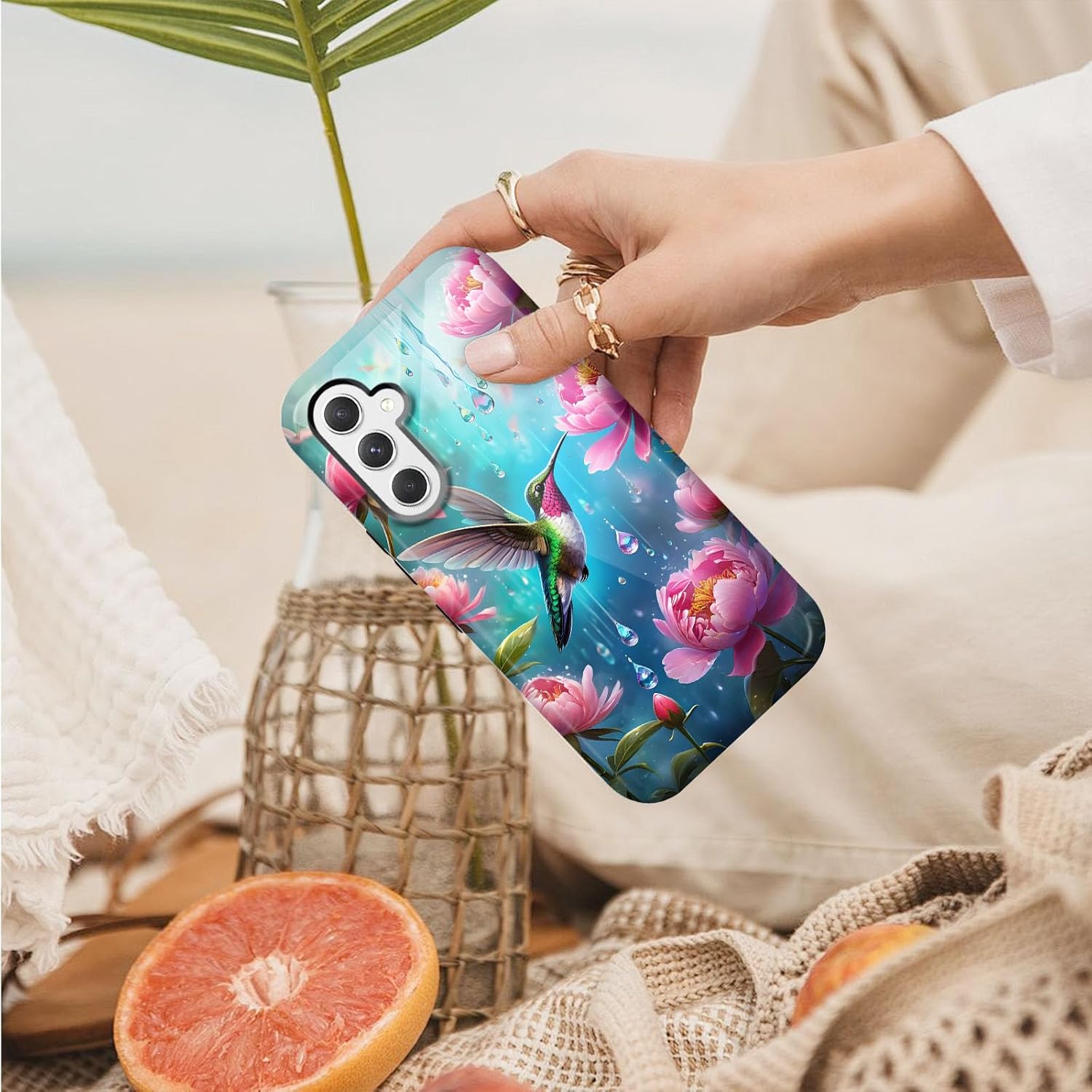 for Samsung Galaxy S24 Phone Case, Dual Layer Hard Shell Silicone Cover for Galaxy S24, Hummingbird Garden Glossy Shockproof Phone Case, Compatible with Wireless Charging
