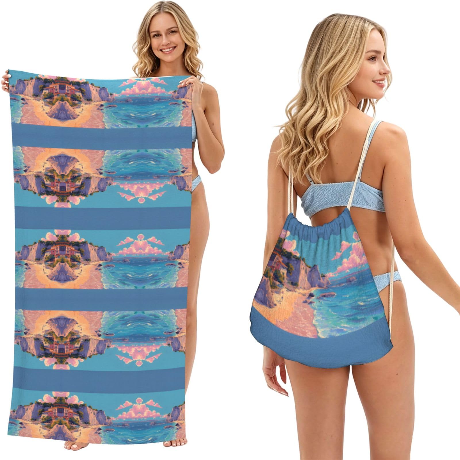 EZDLOWVBA Seaside Scenery Print Beach Towel Backpack 2 In 1 Summer Large Lightweight Beach Towel - Multifunctional Ship Pattern Towel Bag For Storage,Sport