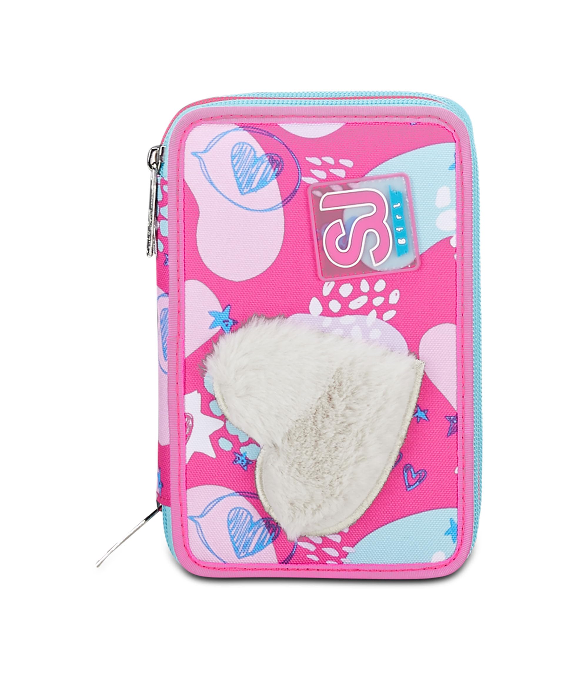 SJ Gang Astuccio Scuola 3 Zip, Rosa, Pinkfur, Portapenne Triplo Scomparto Completo Di Penne, Matite, Colori, Accessori Zaino, Elementari, Medie, Bambina, 30C202431-5C1