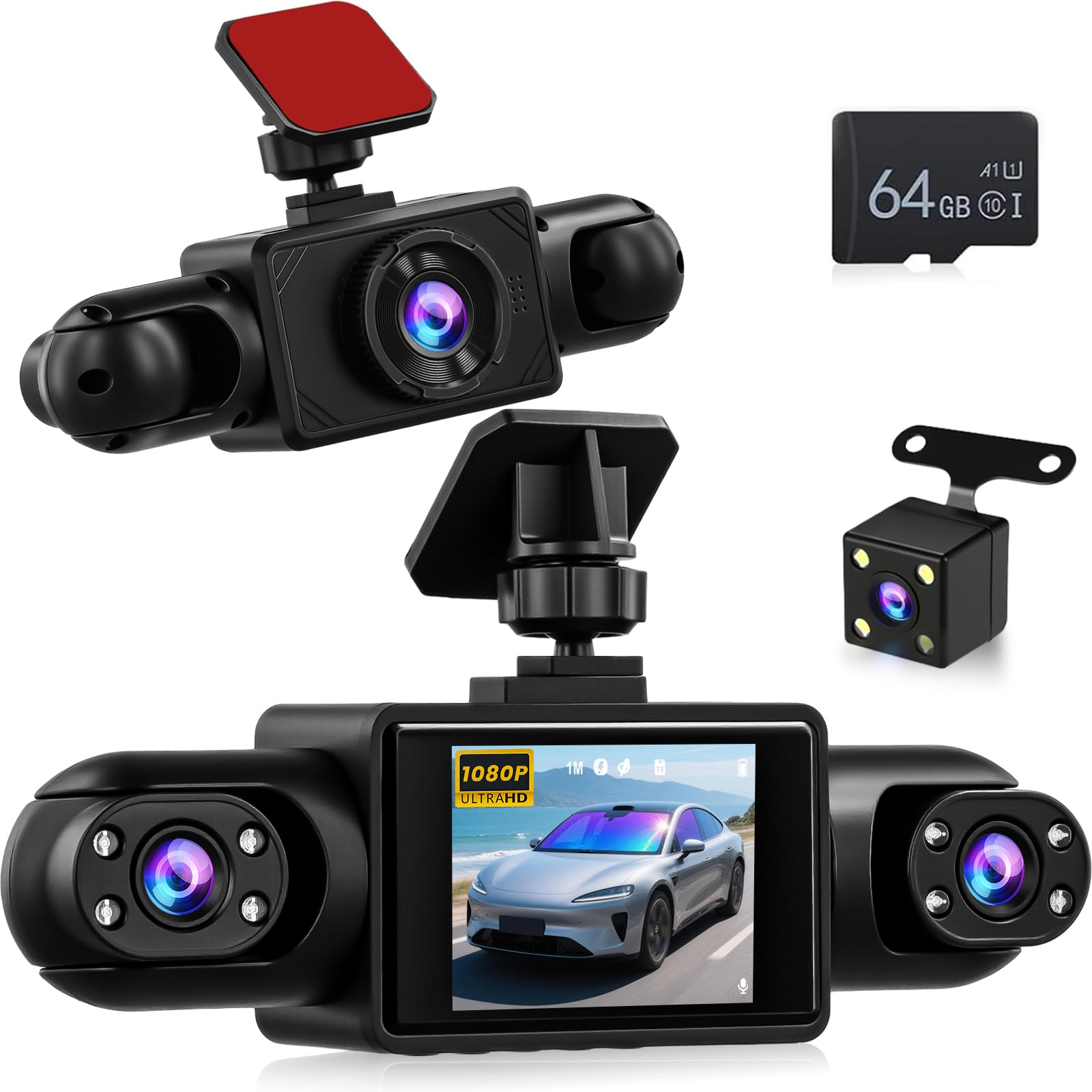 NHOPEEW Cámara para salpicadero de 4 Canales Delantero y Trasero: cámara para Coche de 360 Grados con Pantalla de 2 Pulgadas, visión Nocturna IR de 8, grabación en Bucle, detección de Movimiento