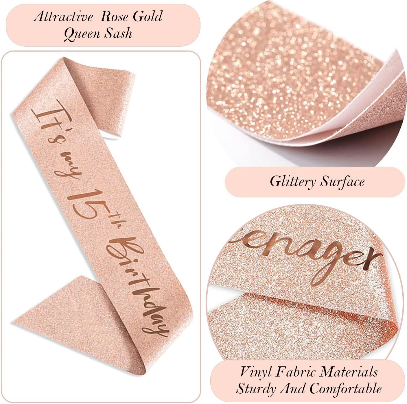 15th Birthday Decorations for Girls, 15th Birthday Sash and Crown, Cake Topper, Number Candles and Balloons, 15 Year Old Gifts for Girls - Image 4