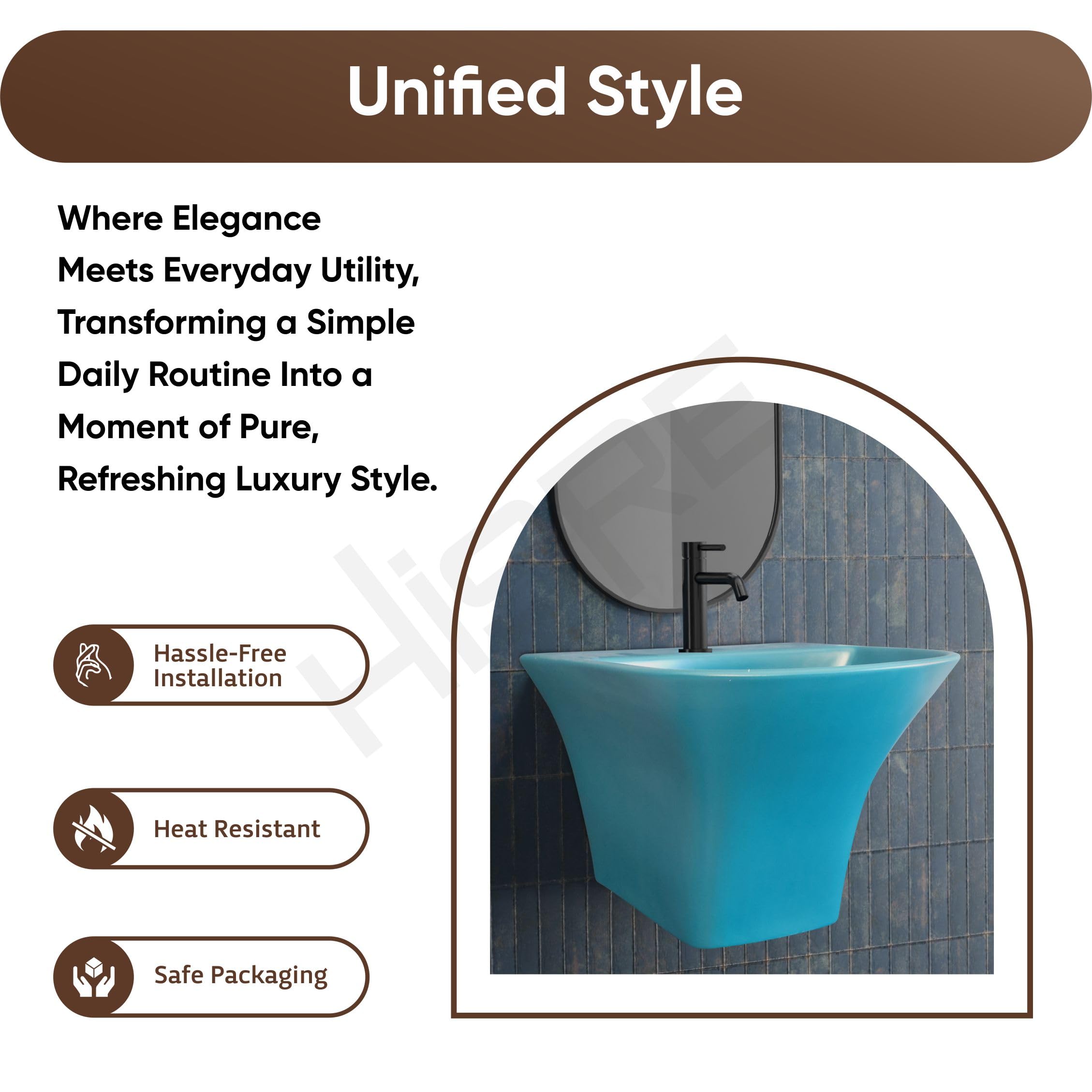 Hisre Modern Wall-Mounted Matte Ceramic Wash Basin with Curved Rectangular Design | Space-Saving Floating Bathroom Sink for Contemporary Interiors (Blue Matt), photo 5 of 5