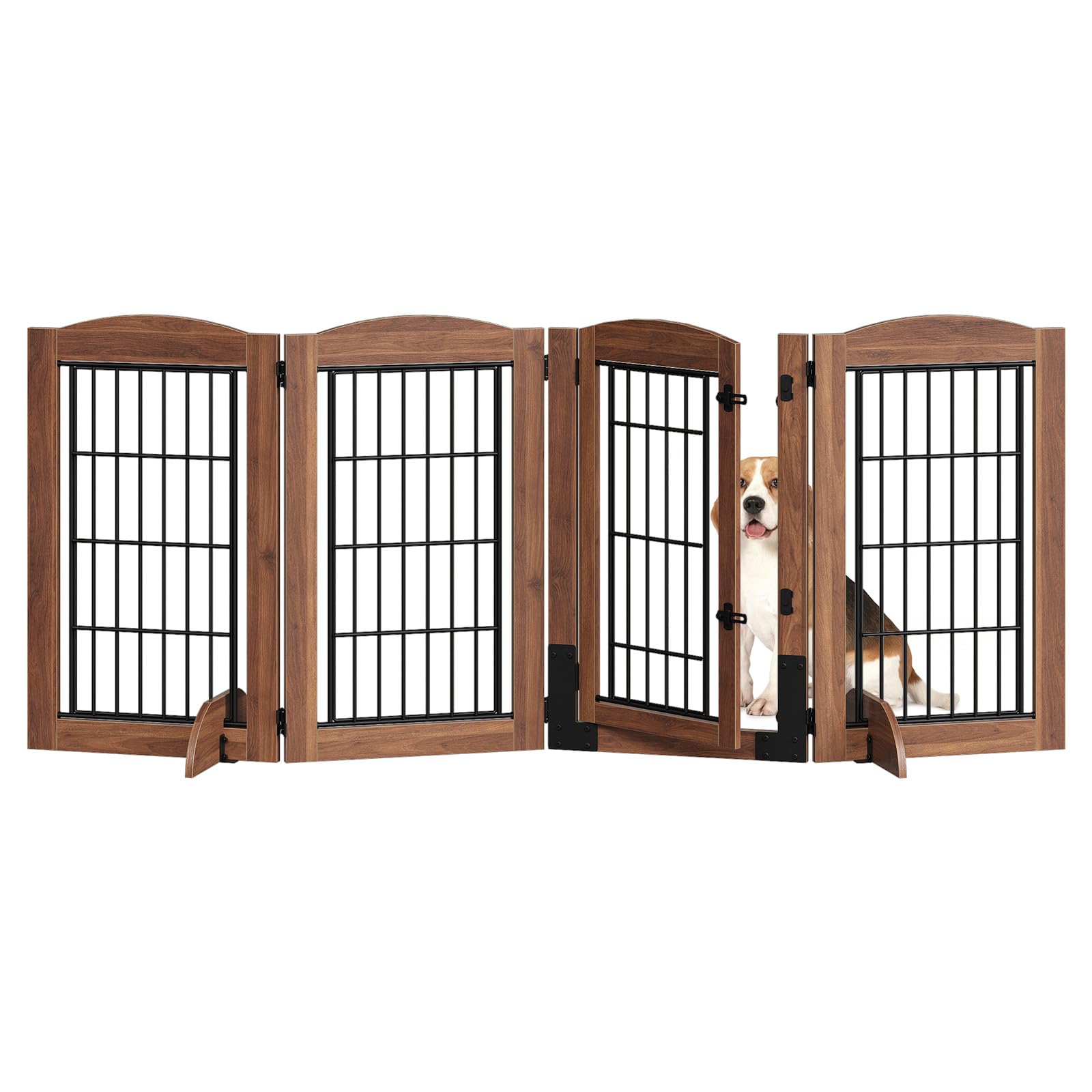 hoobro 32.7'' tall dog gate with door walk through, freestanding pet gate with 2 support feet, foldable dog fence indoor, 360° rotating hinges, for doorways, stairs, walnut bh86pp03