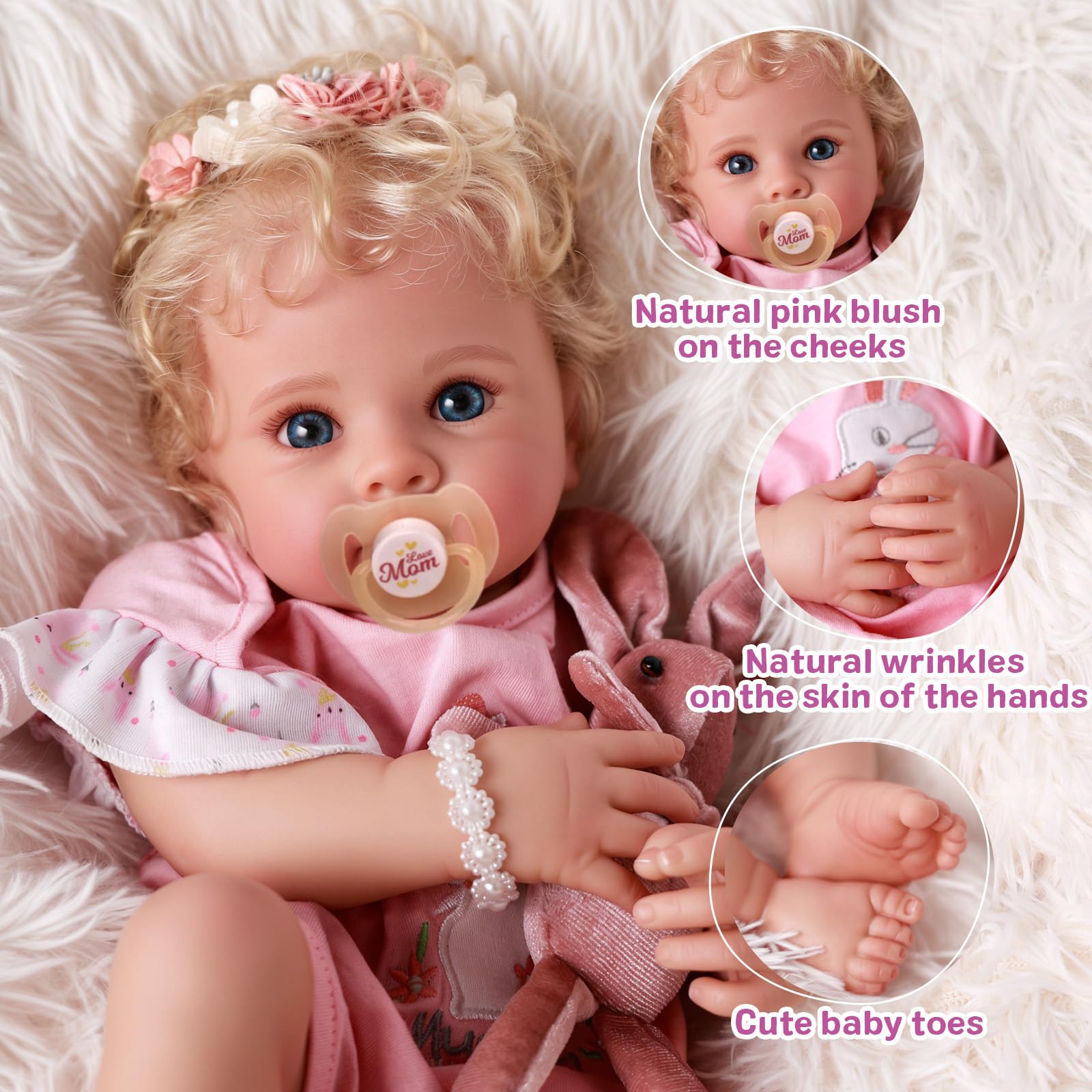 JIZHI Reborn Girl, 17 Inch Blue Eyes Realistic Baby Dolls Soft Cloth Body with Hand Rooted Hair, Vinyl Head - Image 3