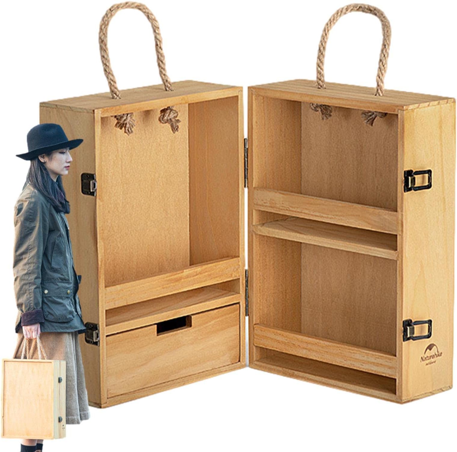 Wooden Spice Box,Multilayered Outdoor Wooden Spice Storage Bins - Camping Food Cabinet Holder with for Drawer for Tea Bags, Snacks, Pepper Shaker