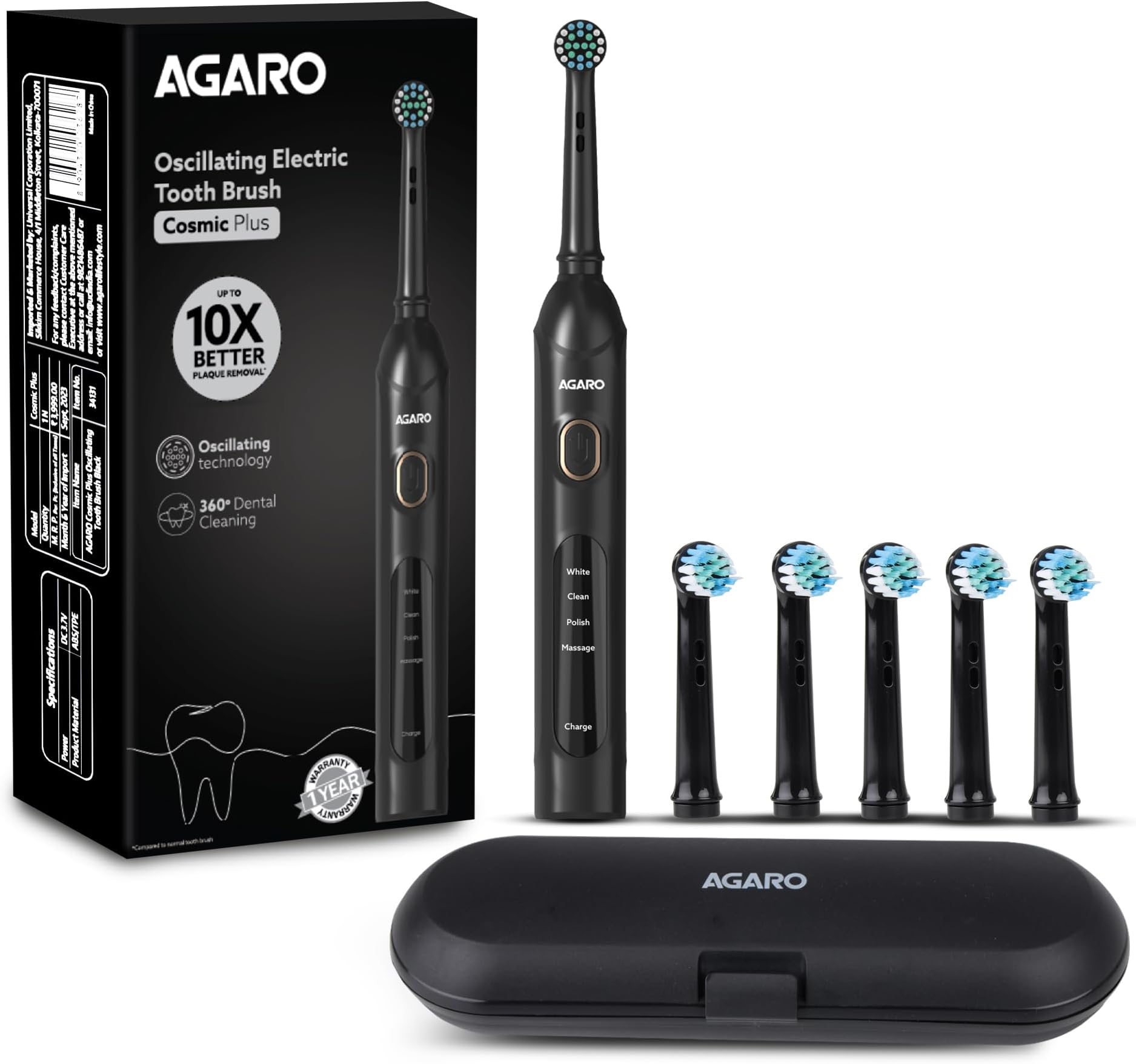AGARO Cosmic Plus Oscillating Tooth Brush for Adults, 4 Modes, Dupont Nylon Soft Bristles, Replaceable brush head, Rechargeable, Power Toothbrush, Black