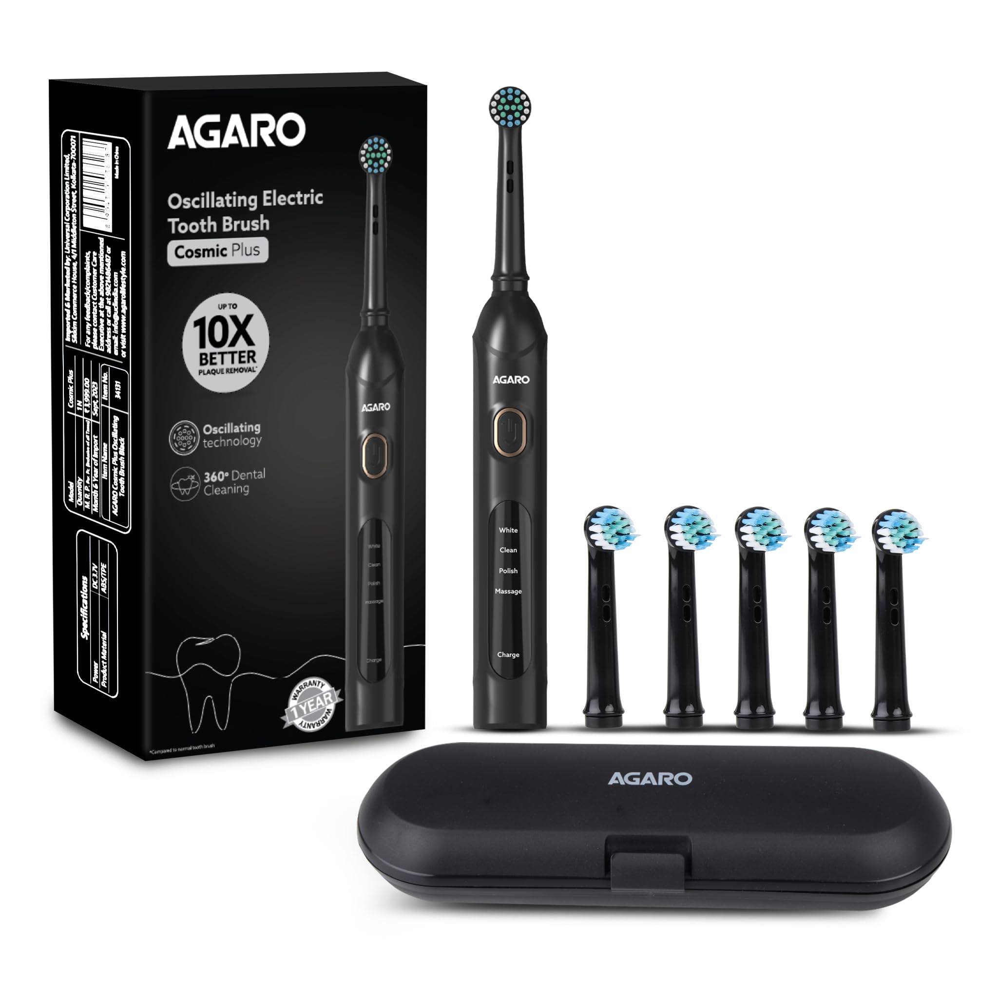 AGARO Cosmic Plus Oscillating Tooth Brush for Adults, 4 Modes, Dupont Nylon Soft Bristles, Replaceable brush head, Rechargeable, Power Toothbrush, Black