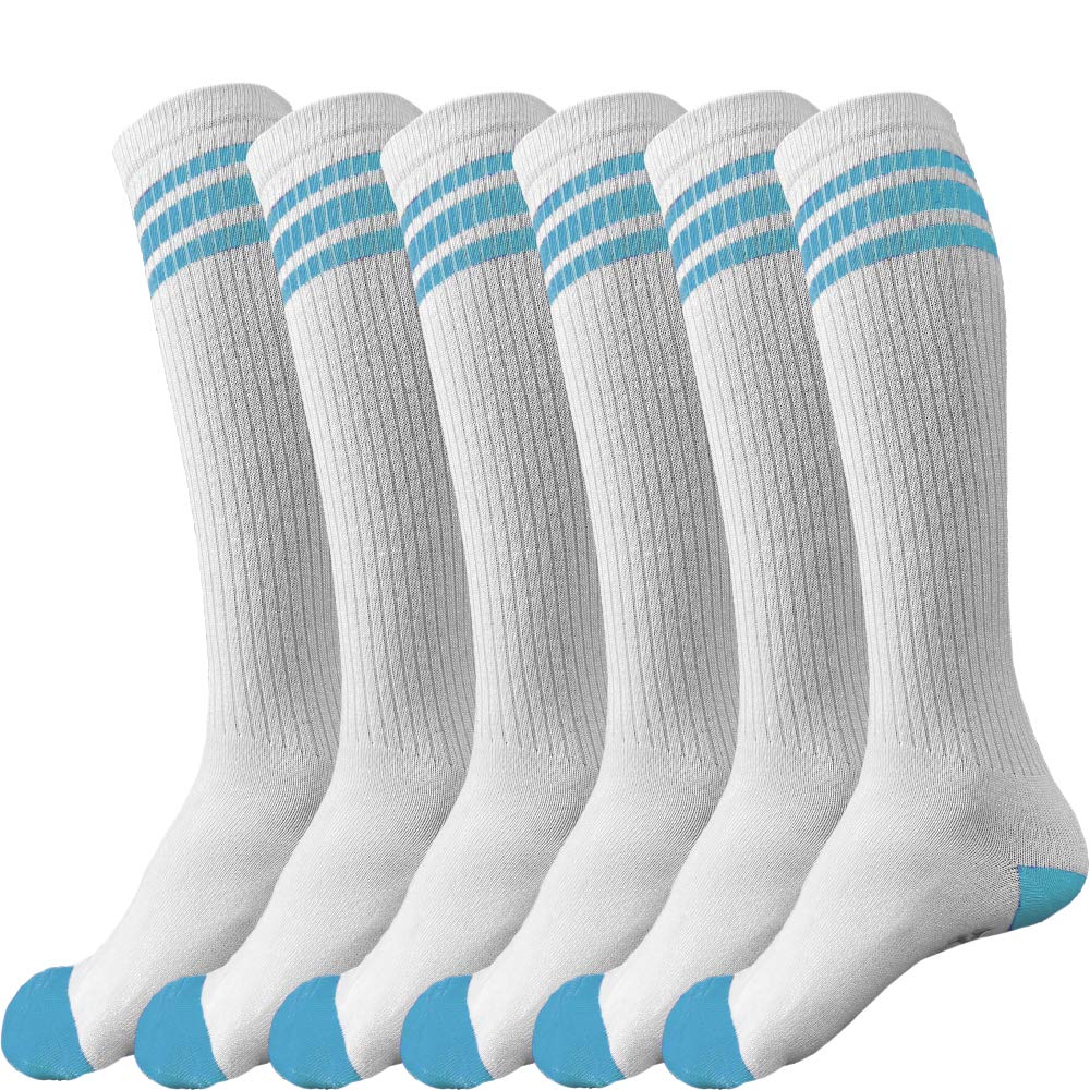 juDanzy 3 Pairs of Knee High Boys or Girls Stripe Team Tube Socks for Soccer, Basketball, baseball and Everyday Wear, White With Turquoise Stripes, 2-4T