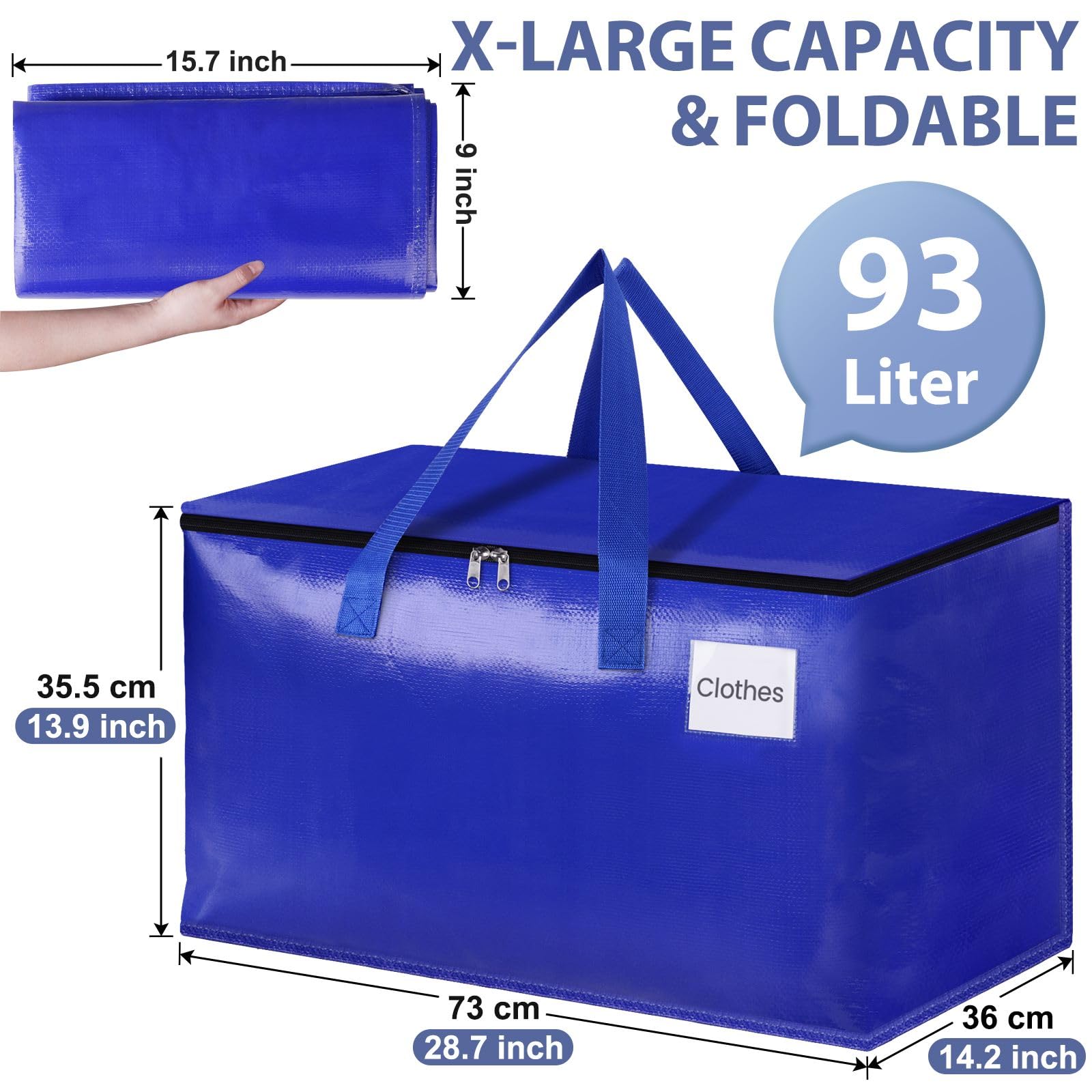 StorageRight Umzugstaschen, robuste Umzugskartons, Aufbewahrungsboxen mit Reißverschluss, verstärkte Griffe und Tasche mit Etiketten, zusammenklappbar, für Umzug, Lagerung und Reisen, 93 l, vier