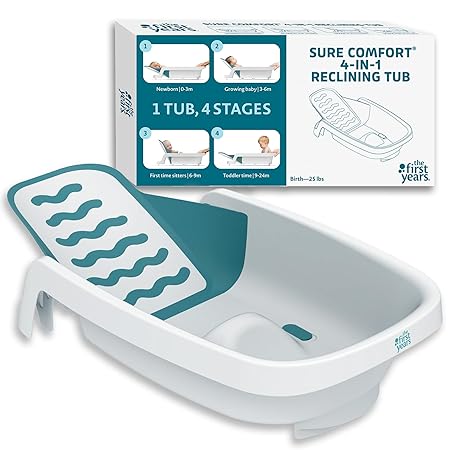 The First Years 4-in-1 Reclining Baby Bathtub - Adjustable Recline for Custom Comfort for Newborn to Toddler - All-in-1 Baby Bath Seat Adjusts as Baby Grows - Ages 0 to 24 Months