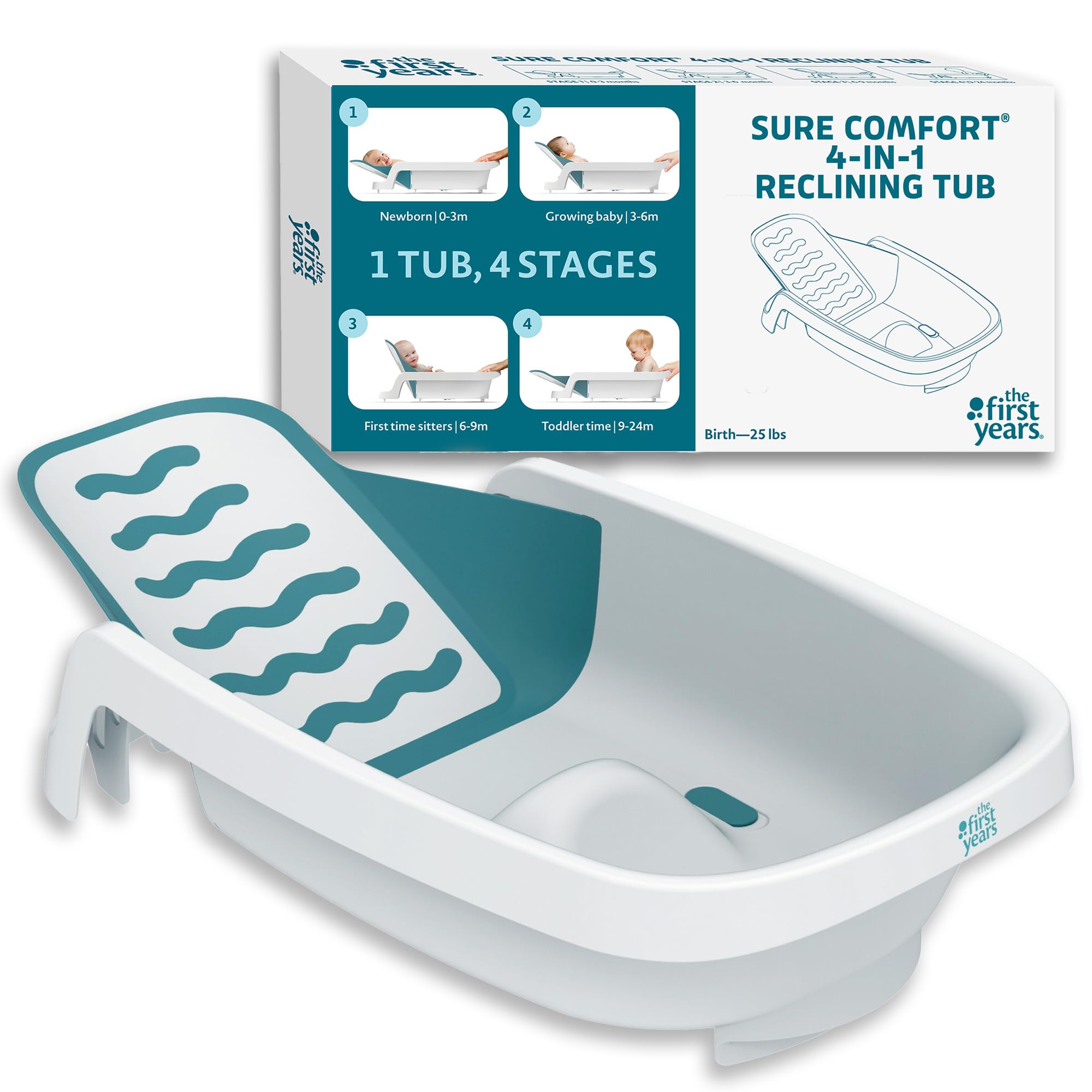 The First Years 4-in-1 Reclining Baby Bathtub - Adjustable Recline for Custom Comfort for Newborn to Toddler - All-in-1 Baby Bath Seat Adjusts as Baby Grows - Ages 0 to 24 Months