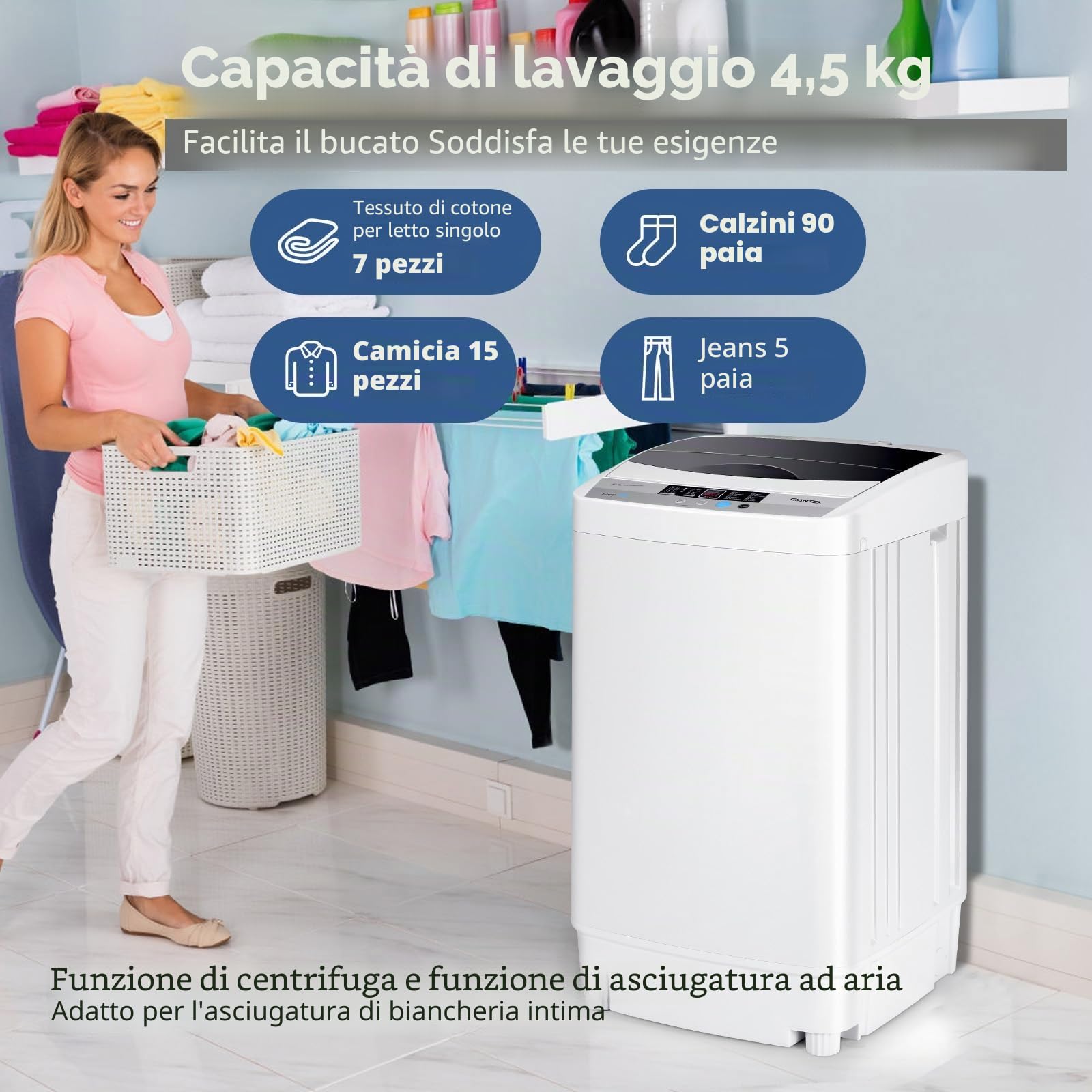 FANTASK Lavatrice piccola, 310 W/50 × 50 × 85 cm, mini lavatrice con display, pompa e centrifuga per appartamenti e camper [classe energetica B]