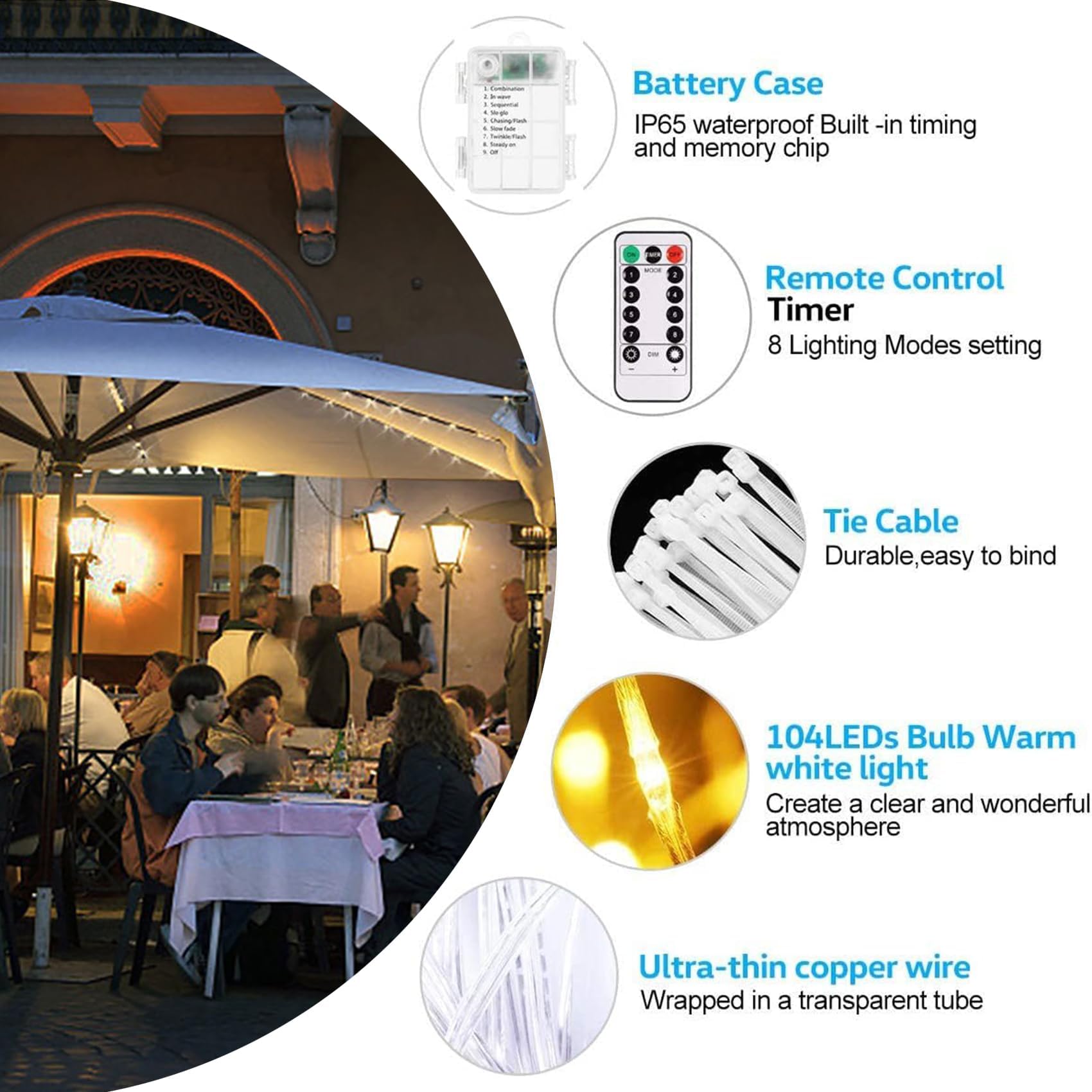 Luces para sombrilla, 104 LED impermeables, a pilas, con control remoto, 8 modos de iluminación para exteriores, patio, jardín y tiendas de campaña (Blanco cálido)