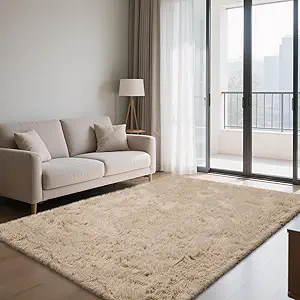Fluffy Rug Shaggy Area Rug, Beige 4x6 Area Rugs for Bedroom, Small Bedside Rug, Soft Fluffy Shaggy Entryway Throw Rugs for Living Room Bedroom Kids Room Home Decor