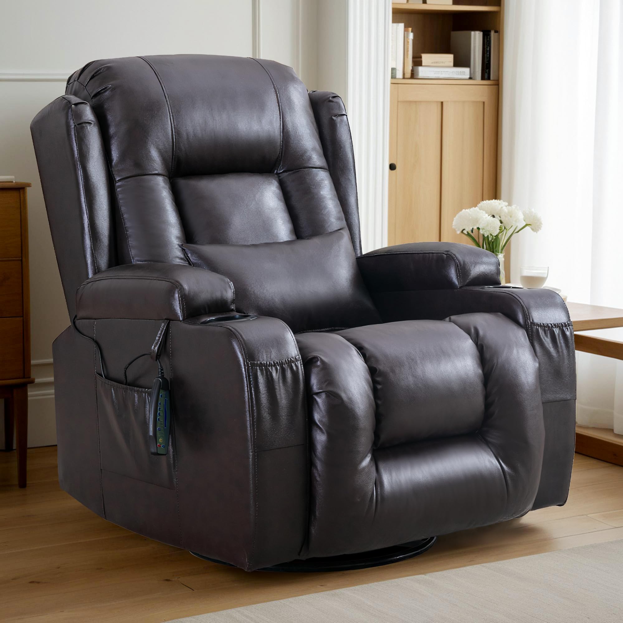 Relaxsessel mit Liegefunktion, Massagesessel mit Wärmefunktion, 360° Drehbarer Fernsehsessel Wohnzimmer, Schaukelstuhl mit Kissen/Seitentaschen/Getränkehalter (Rötlich-braun)