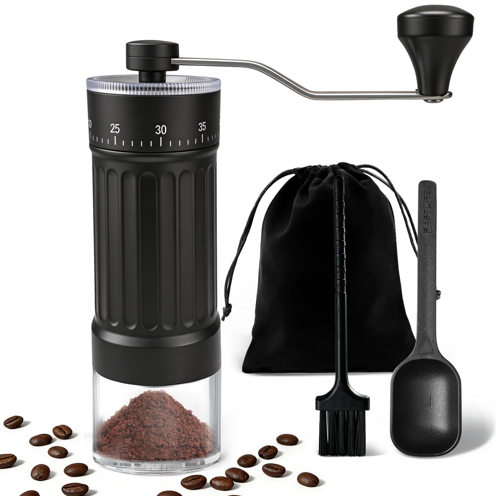 Molinillo de café manual, Molinillo portátil de mano con cuchara, cepillo y bolsa de transporte, cuenta con 40 ajustes externos de molienda, Ideal para preparar espresso y café de vertido