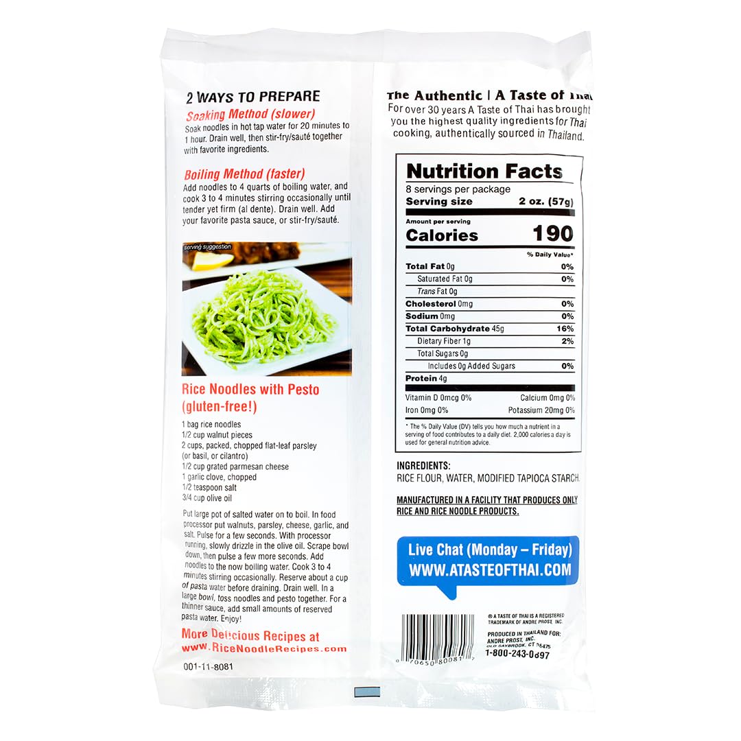 A Taste of Thai Spaghetti Rice Noodles (Thin & Straight Cut)| Restaurant-Quality Thai Flavor in Minutes | Vegan, Gluten-Free, Wheat Free, Non-GMO| For Stir-Fries, Soups & Asian Dishes 16 oz, 1 Pack