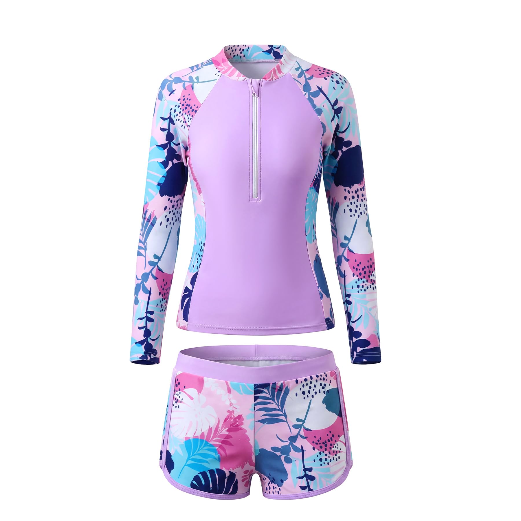 Maillot de Bain 2 Pièces pour Fille, Anti UV Protection Solaire Maillots à Manches Longues avec Fermeture éclair et Shorty, Séchage Rapide Rashguard Ensemble de Plage pour Enfants 5-14 Ans
