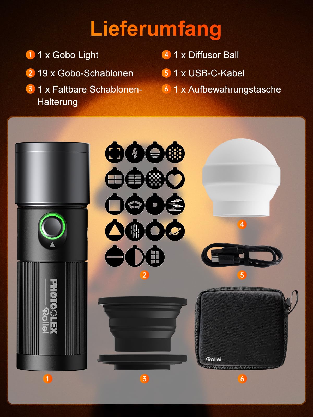Rollei Photoolex GOBO Light, LED Taschenlampe Fotografie mit 4 Farbiges Fülllicht und 19 GOBO Aufsätze Video Licht mit Eingebaut Akku 8400 mAh und Diffusor, Taschenlampe-Fotografie-Video-Licht-RGB