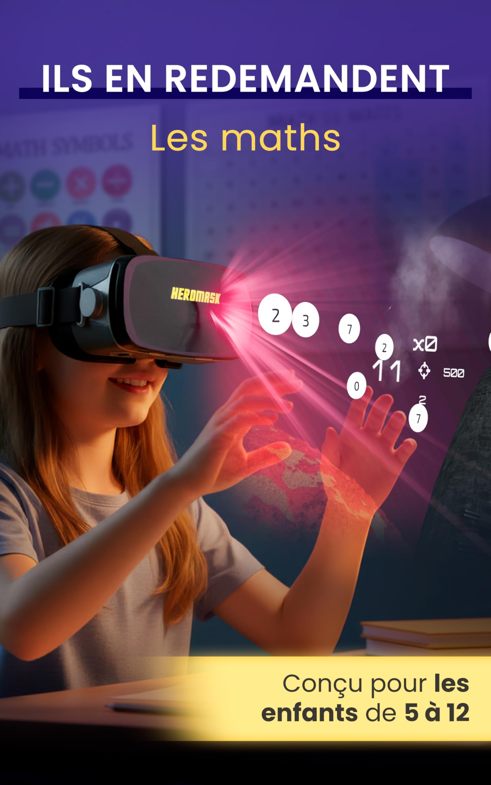 HeroMask Casque VR Réalité Virtuelle Enfant 5-12 Ans Jeux Maths Tables Multiplication Addition Calcul Mental