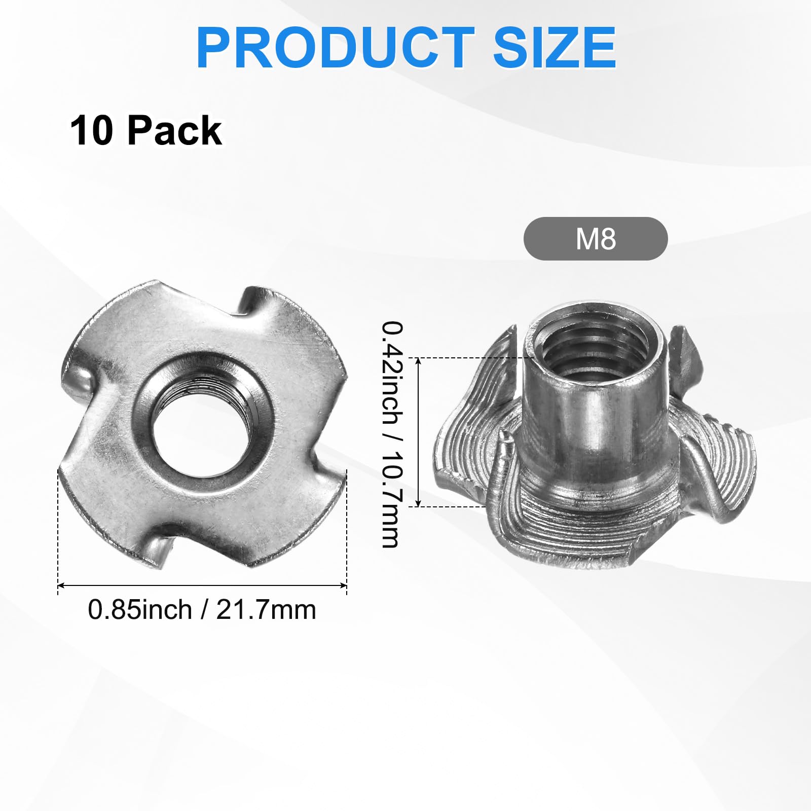M METERXITY 10-Pack M8x10.7mm T-nut, Stainless Steel 4-Pronged Tee Nut Threaded Insert for Wood/Rock Climbing Holds/Furniture - Image 3