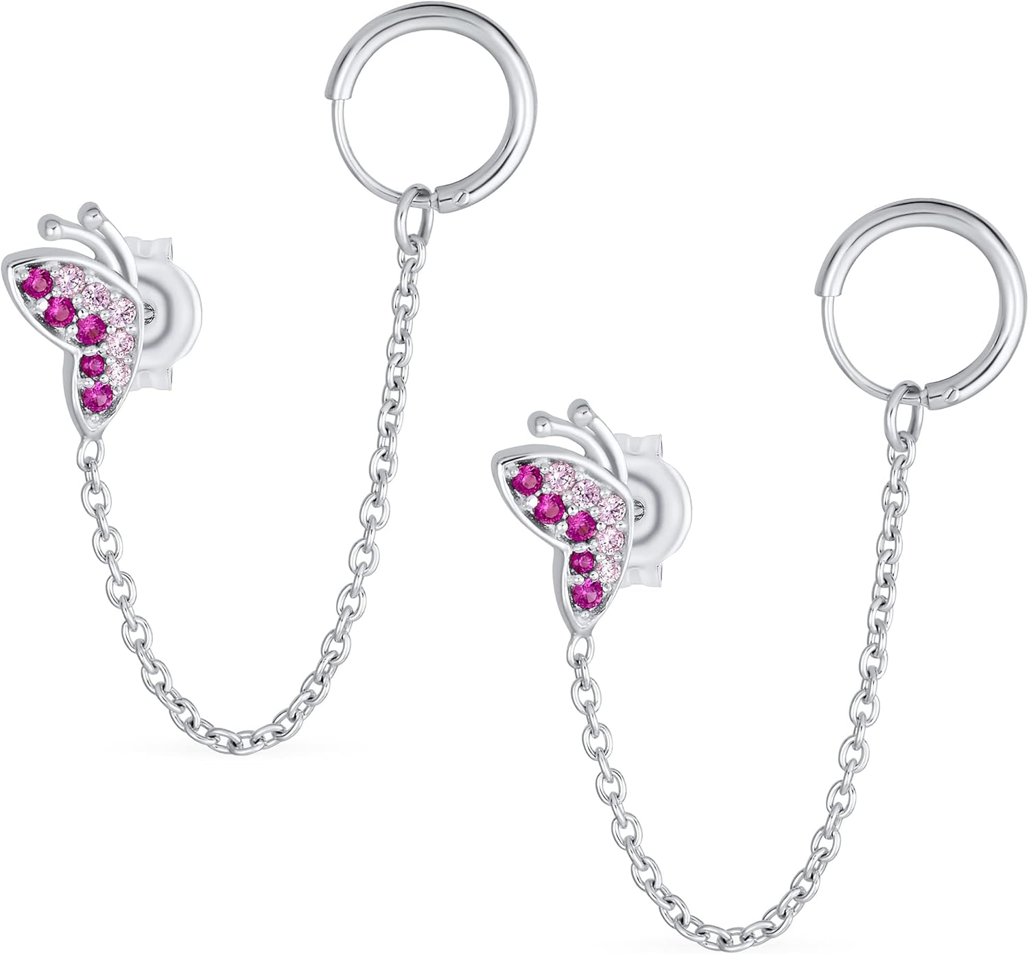 Helix Double Piercings Chain & Cable Ear Cuff Cartilage Earlobe CZ Pink Butterfly Tree of Life Earrings For Women .925 Sterling Silver Body Piercing